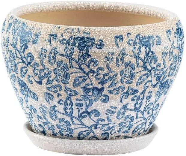 Vintage Blue and White Ceramic Planter - Large 8.25 x 7.25 Inch Pot with Drainag