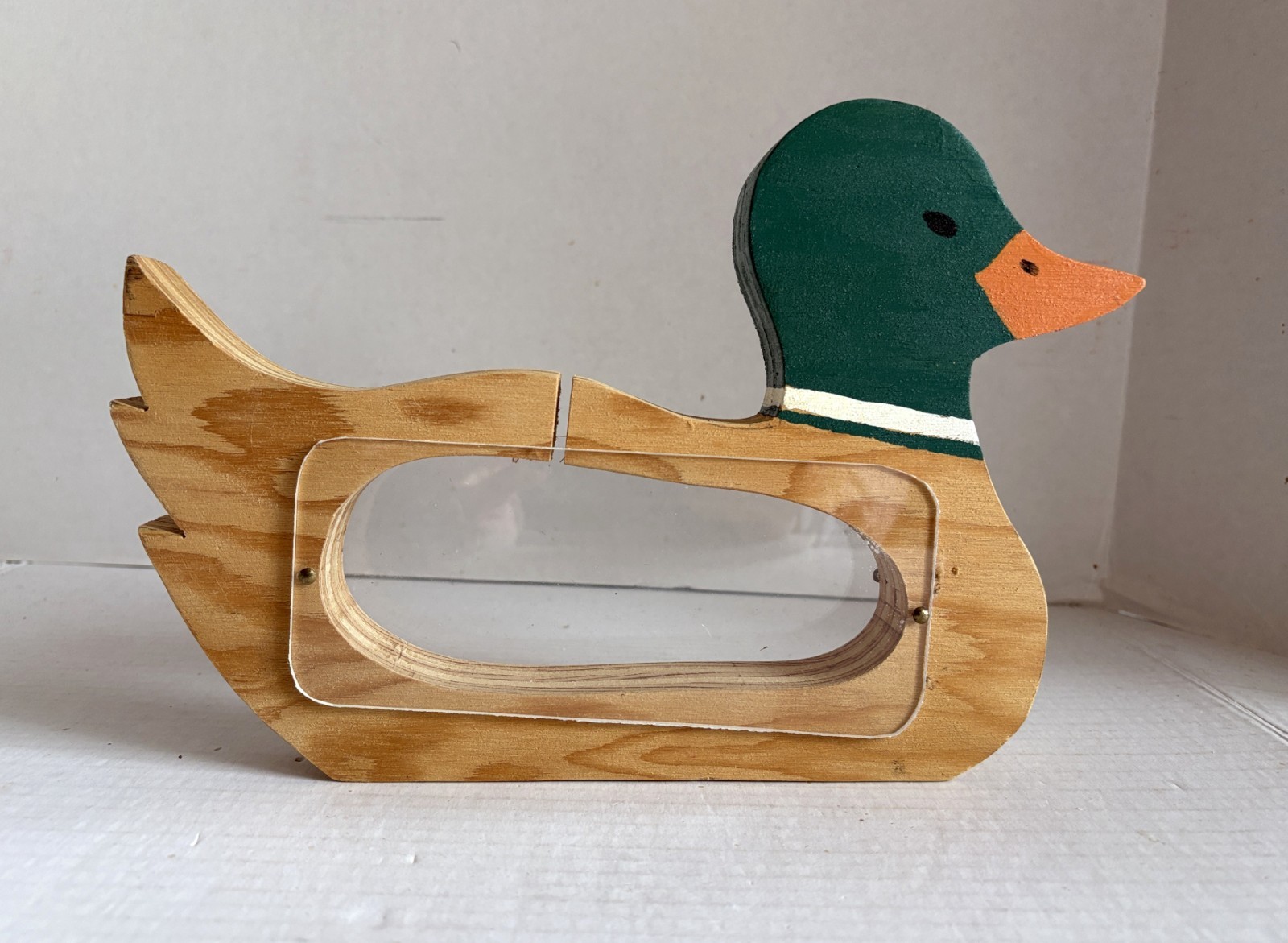 Vintage Handmade Wood & Plexiglass Mallard Duck Piggy Bank 10.5\ Vintage Handmade Wood & Plexiglass Mallard Duck Piggy Bank 10.5\