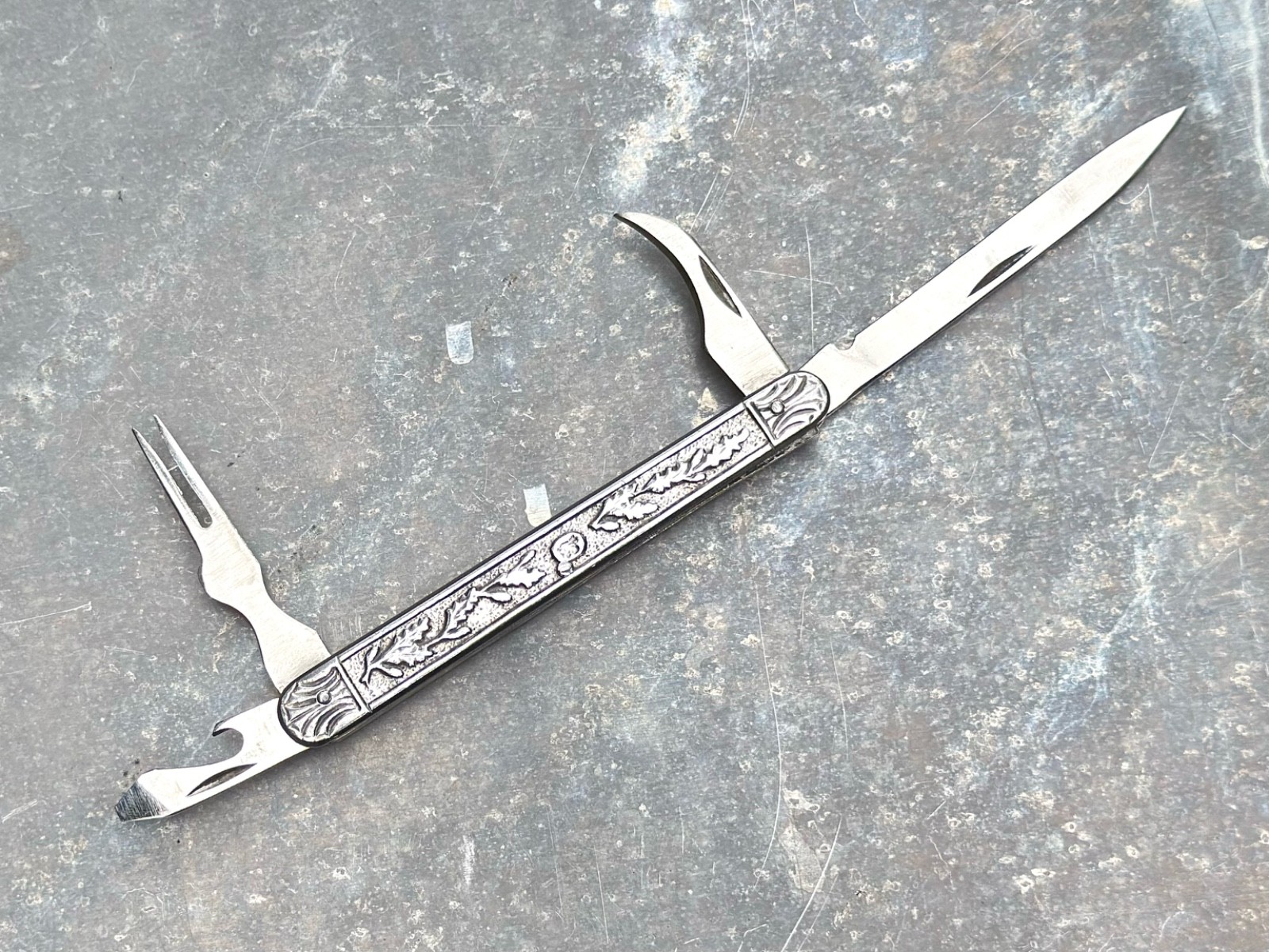 Vintage Gentleman's Pocket Knife Decorative Metal Handle Cigar Fork German(?)