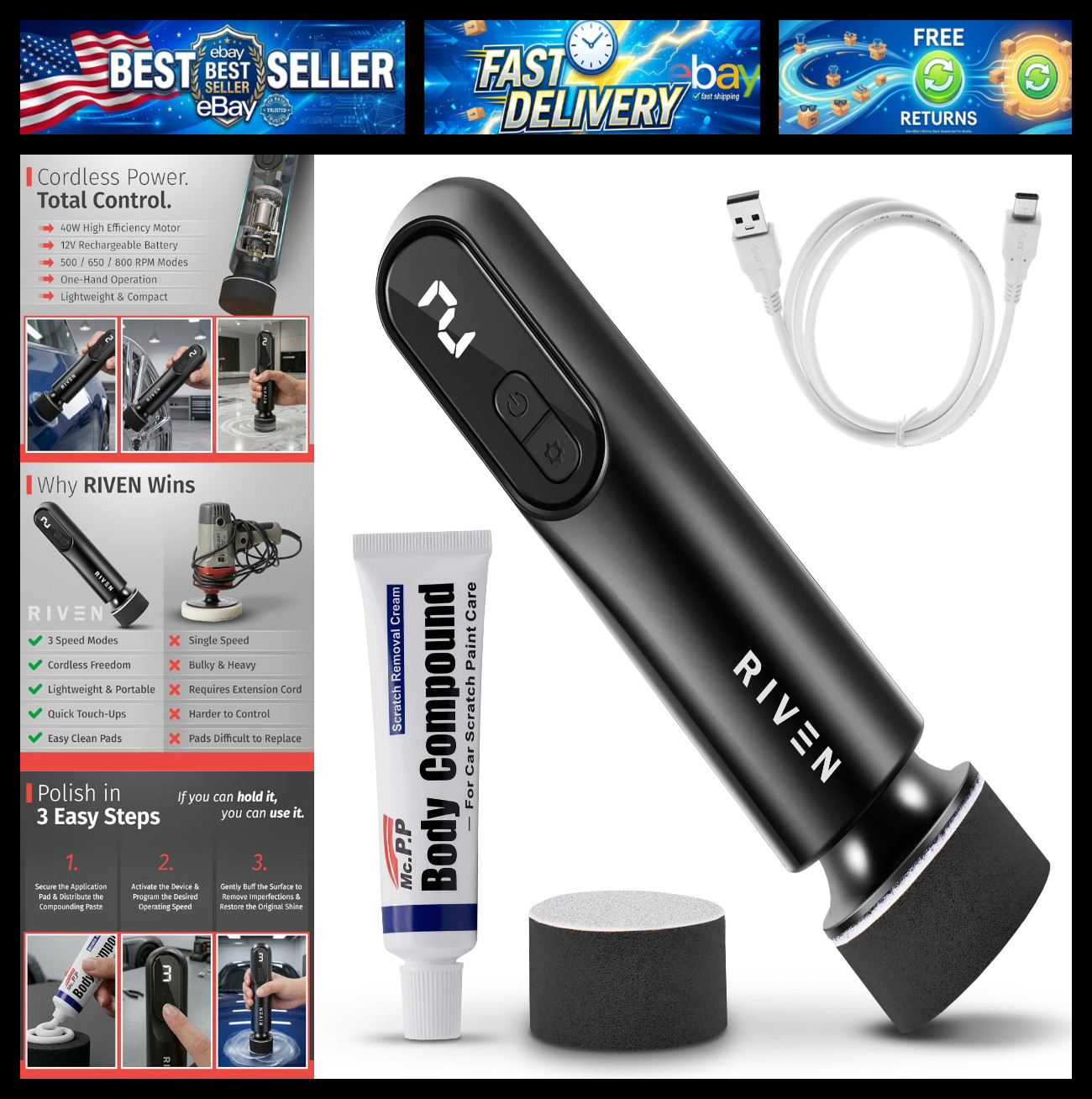 RIVEN Cordless Car Polisher Buffer Kit, Adjustable 3 Speeds - 2Pcs 12V Rechargea