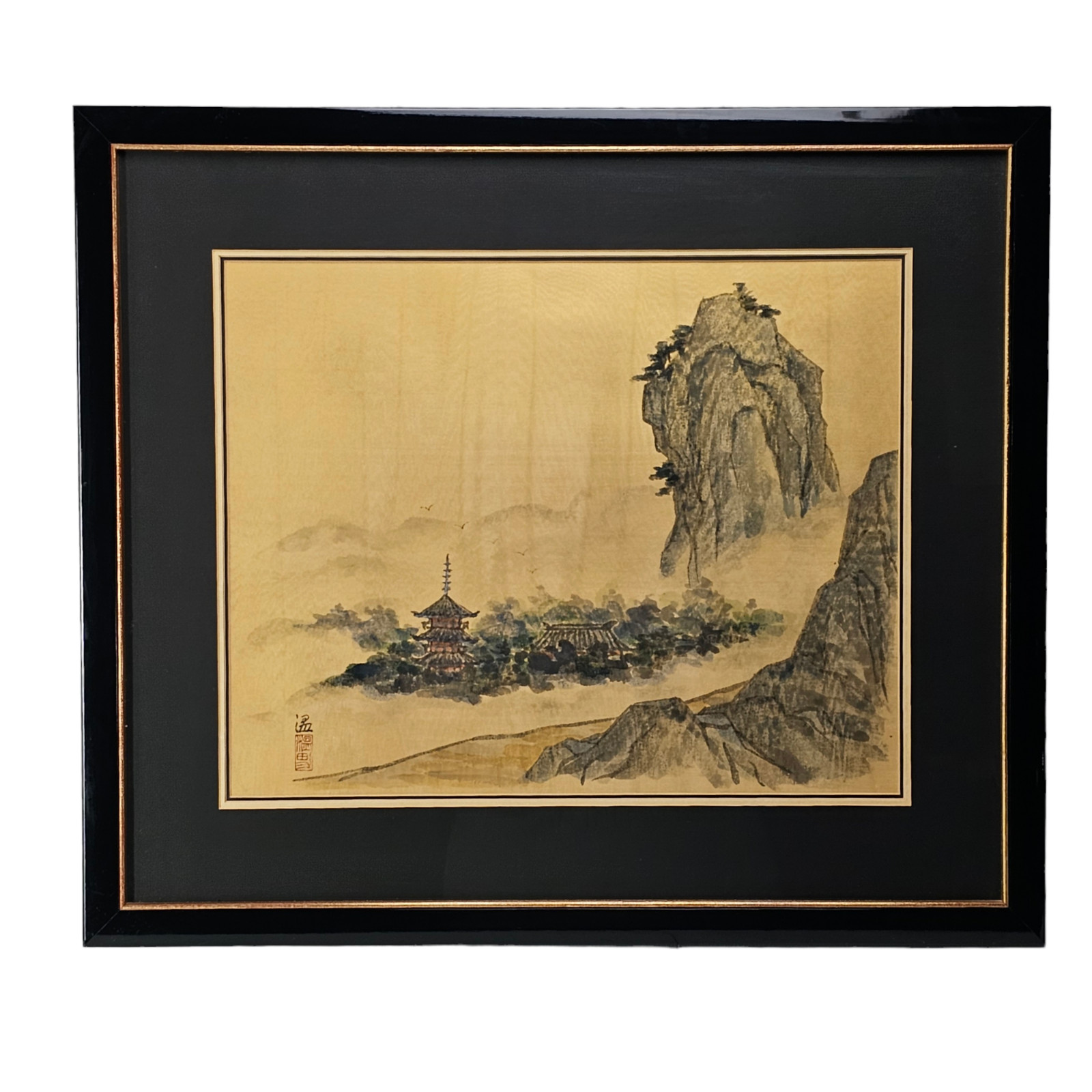 VTG East Asian Moire Silk Landscape Pagoda Mountain Painting Signed 24.5\