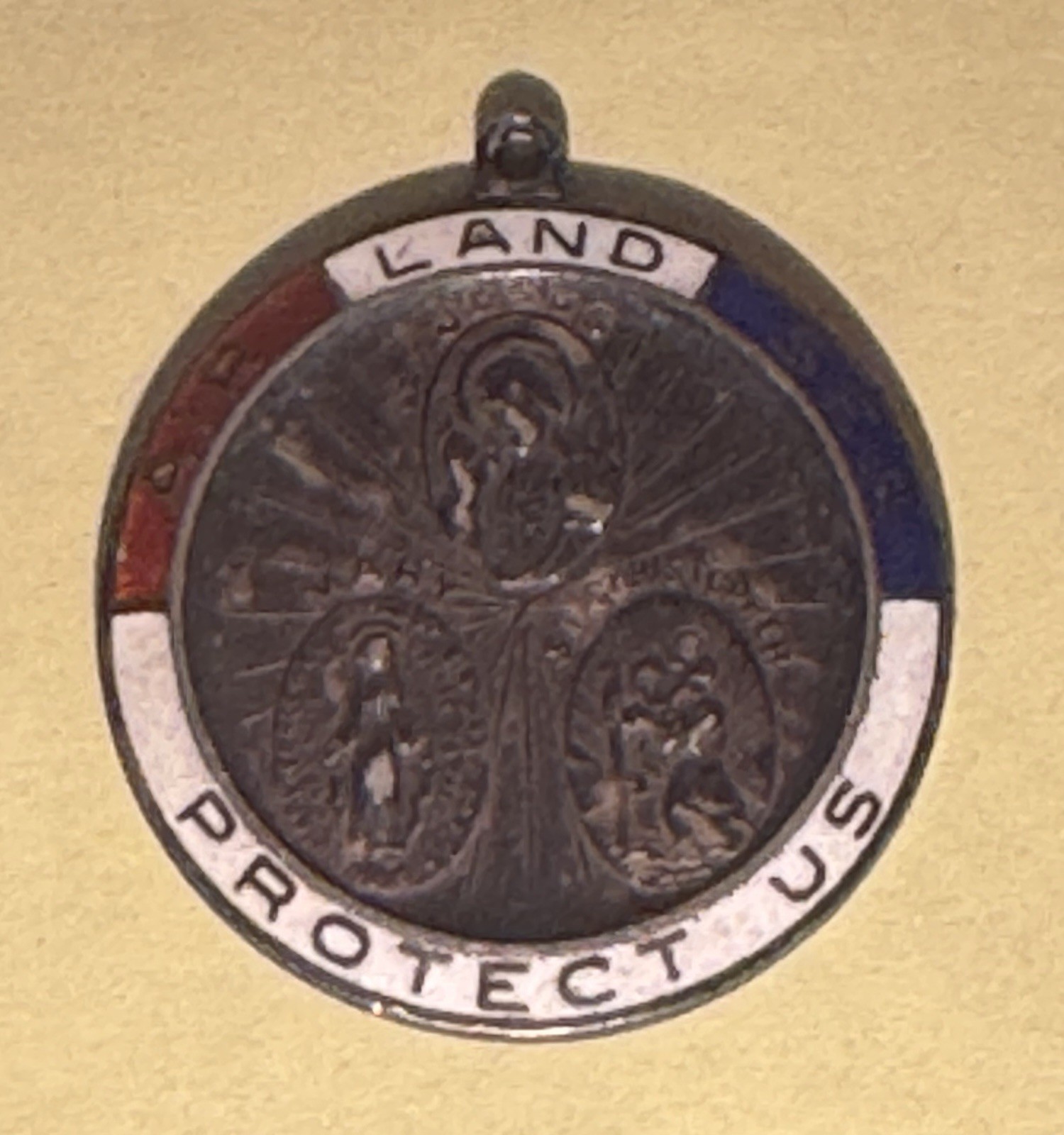 WWII Sterling Enamel US St. Christopher Protect Us Necklace Air Land Sea