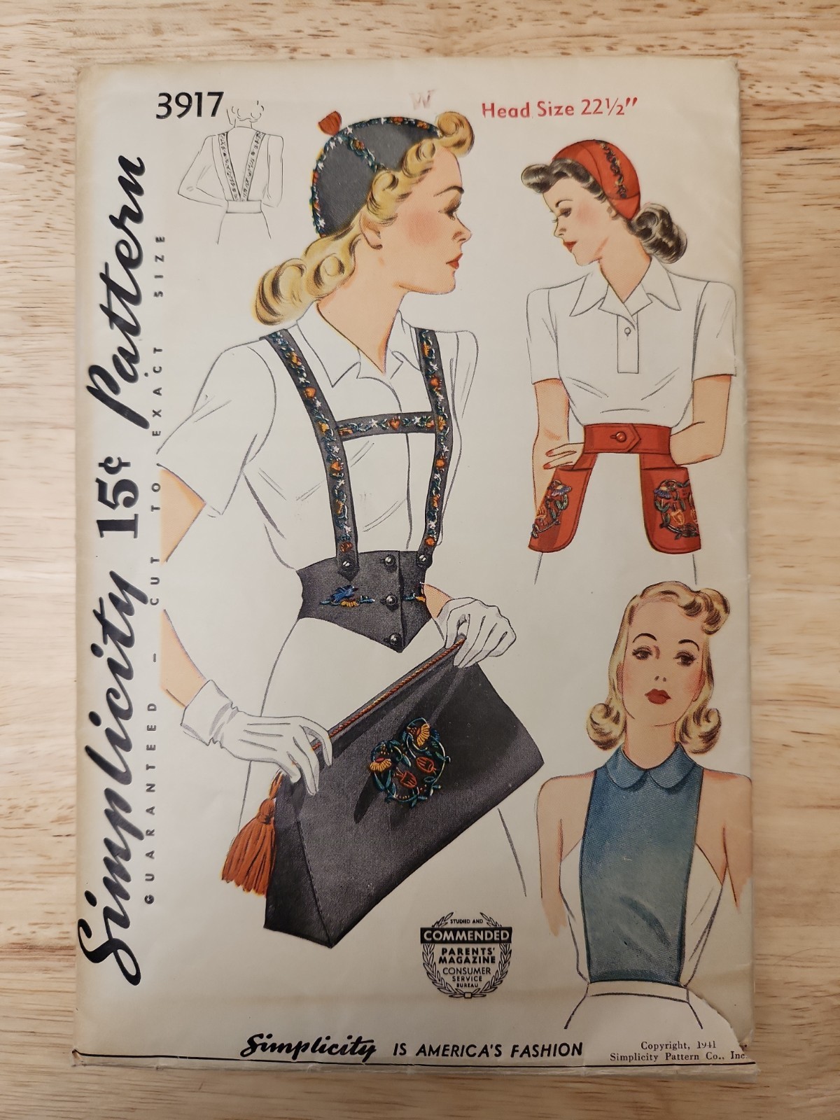 Vintage 1940s Simplicity 3917 Dickey Calot Bag Pattern with Embroidery UNCUT