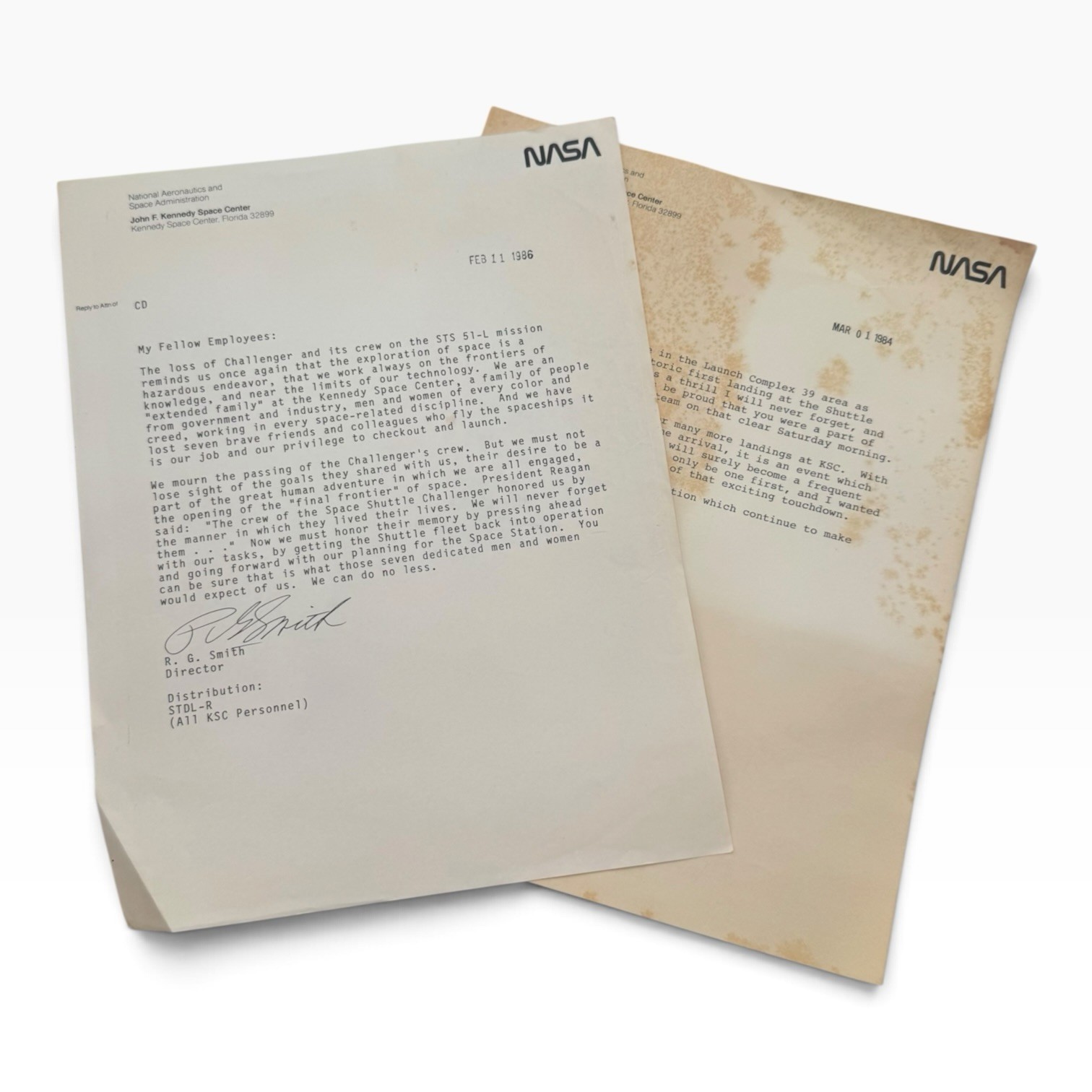 NASA STS-51L Letter Director Smith Employees Challenger loss 1986 SPACE SHUTTLE 