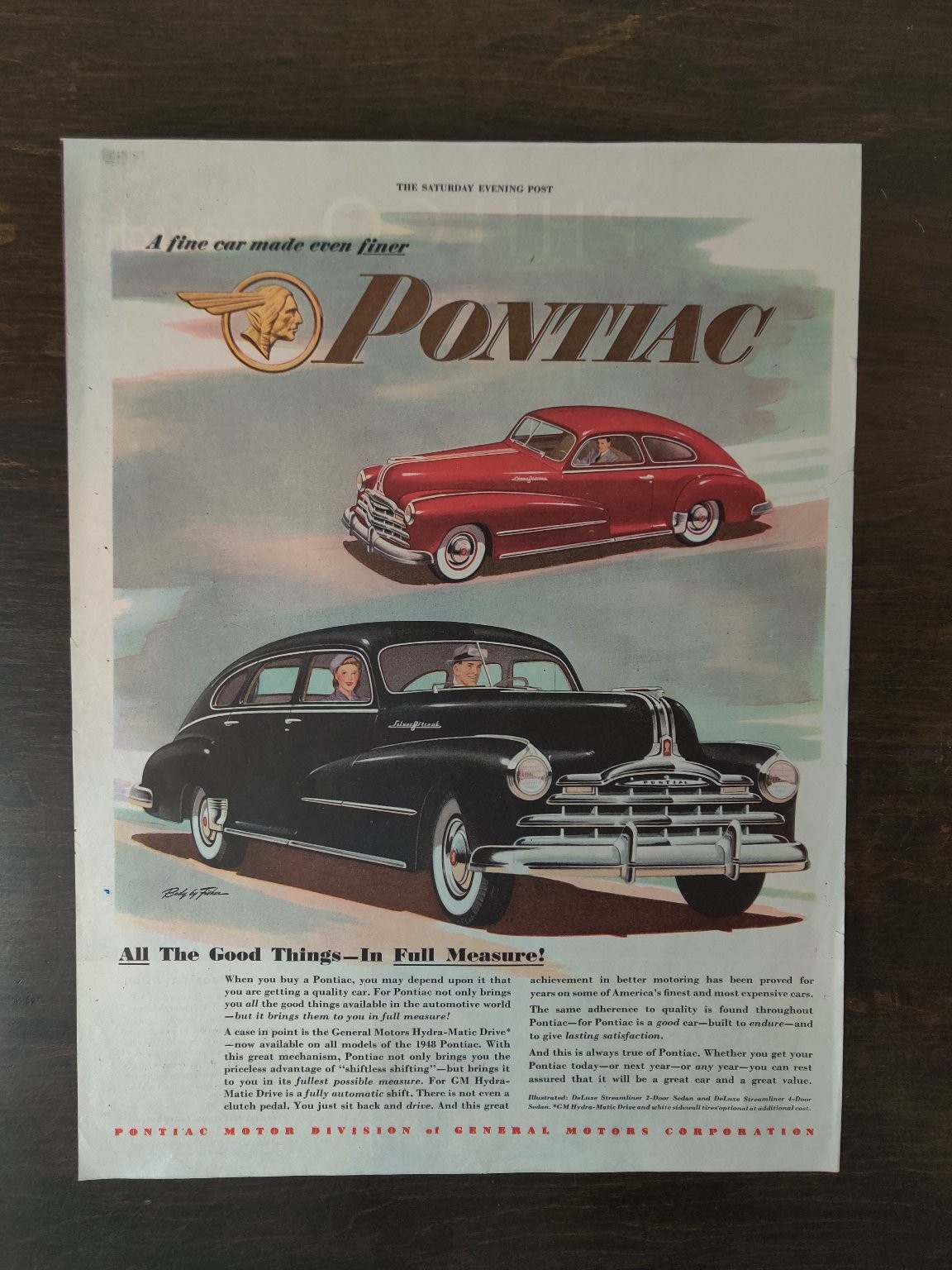 Vintage 1948 Pontiac Hydramatic Drive Cars Full Page Original Ad