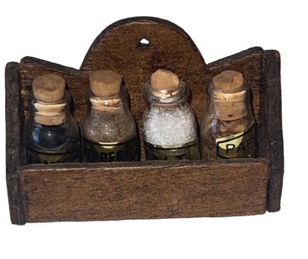 Fun Rare Vintage Miniature Dollhouse Wood Apothecary Spice Jars With Rack Fun Rare Vintage Miniature Dollhouse Wood Apothecary Spice Jars With Rack