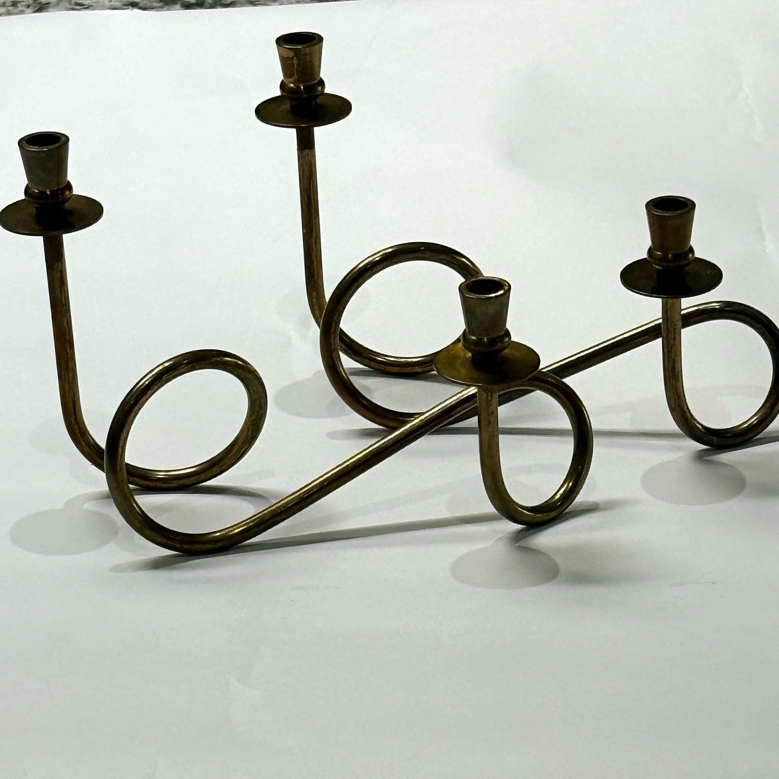 Vintage Swedish Brass Candle Holders MCM Fluid S Curve Josef Frank Style Sweden