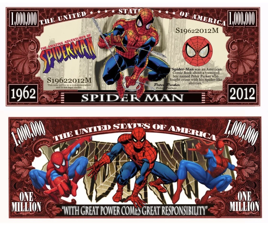 25 Pack Spiderman Dollar Bill Marvel Comics Collectible $1 Million Novelty Money 25 Pack Spiderman Dollar Bill Marvel Comics Collectible $1 Million Novelty Money