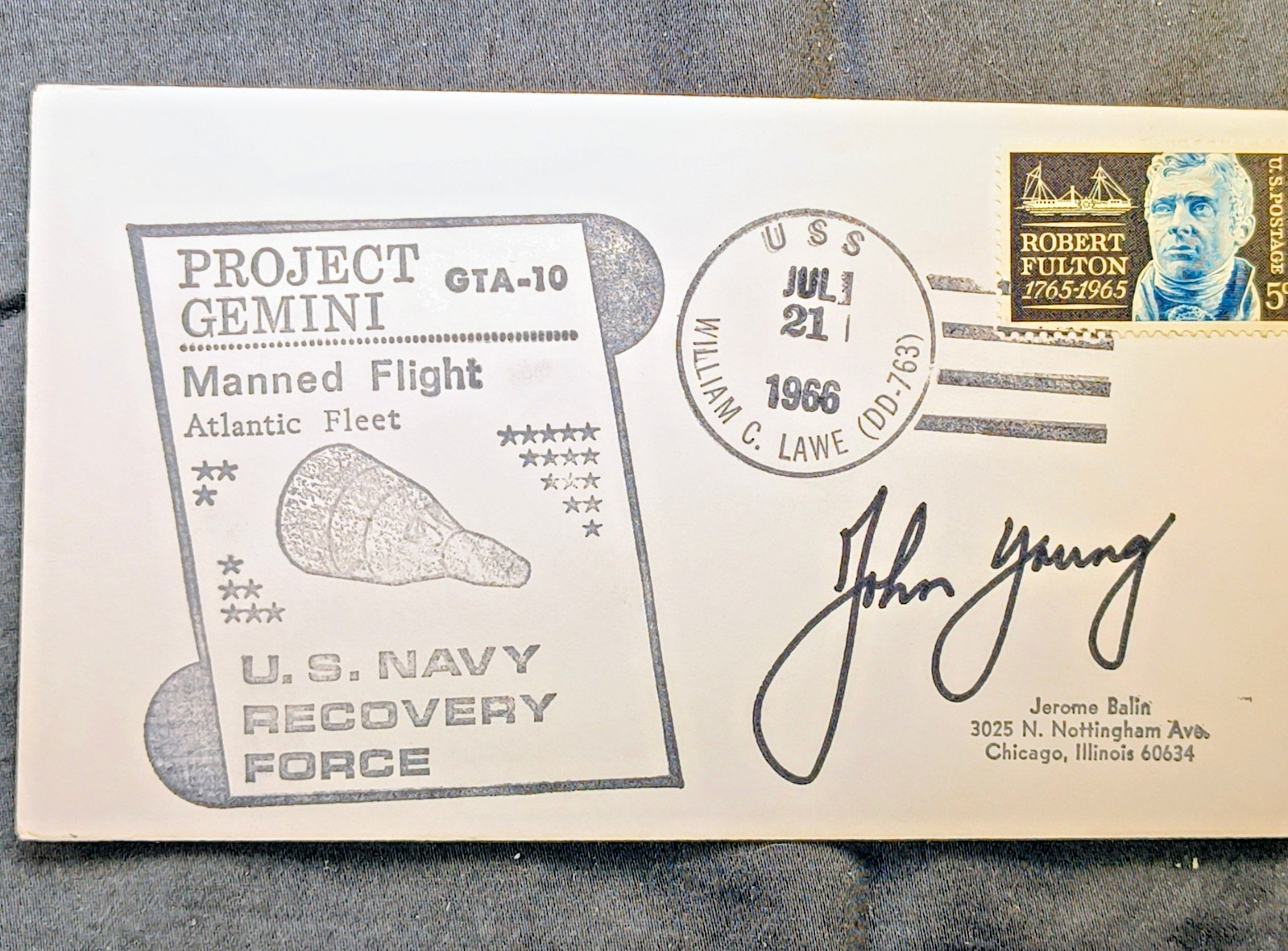 Gemini 10 Recovery Cover USS William C Lawe JUL 21 1966 John Young signature