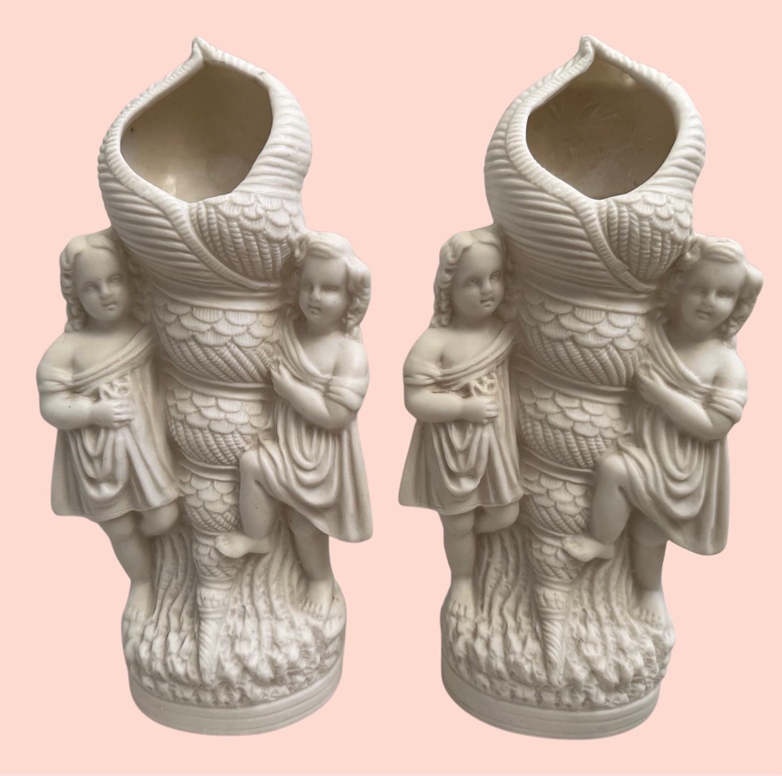 Pair Antique Parian Shell Vases with Children 10.5”