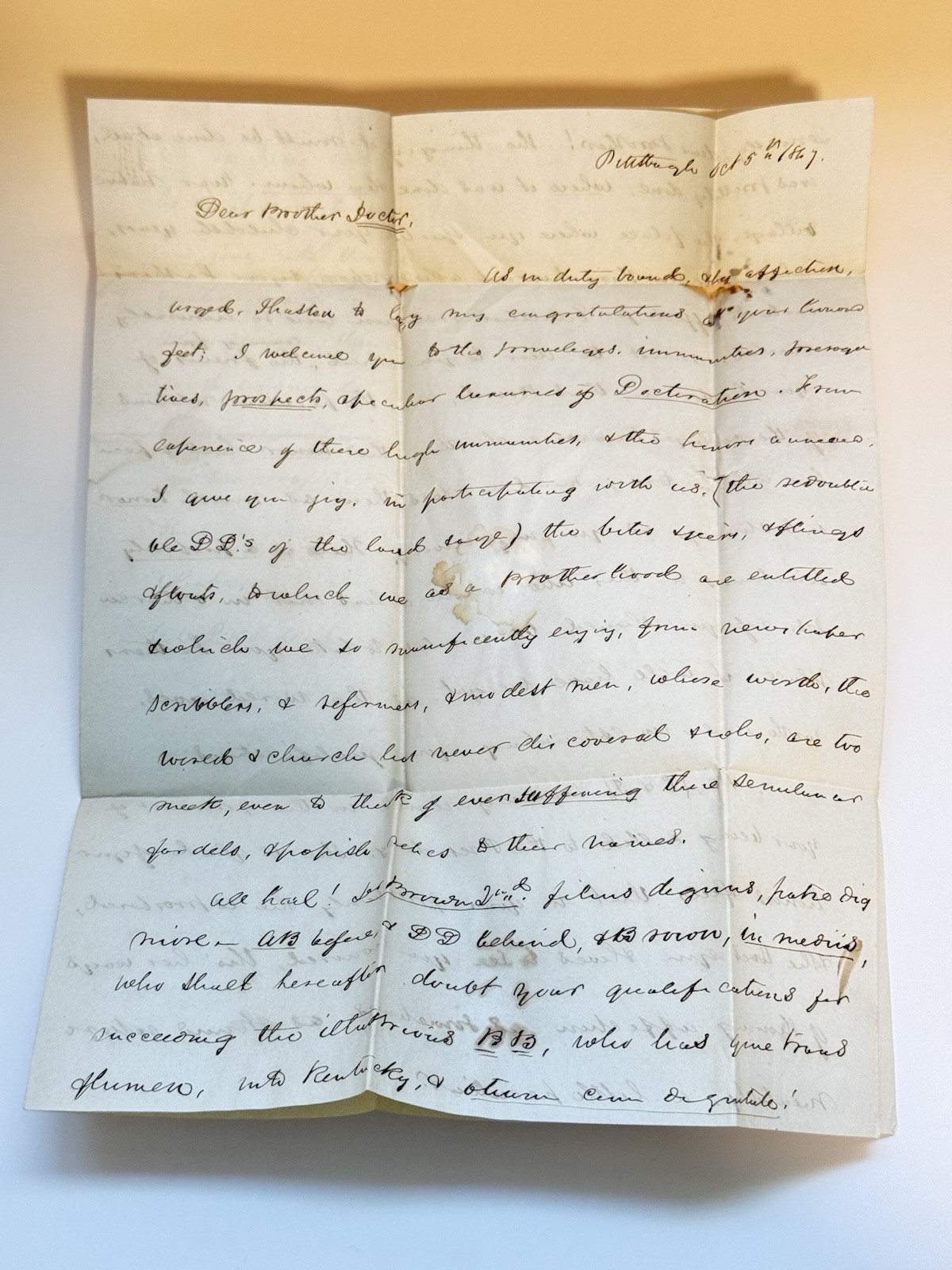 1847 Pittsburgh PA Presbyterian Clergy Letter Rev AB Brown DD Religious History