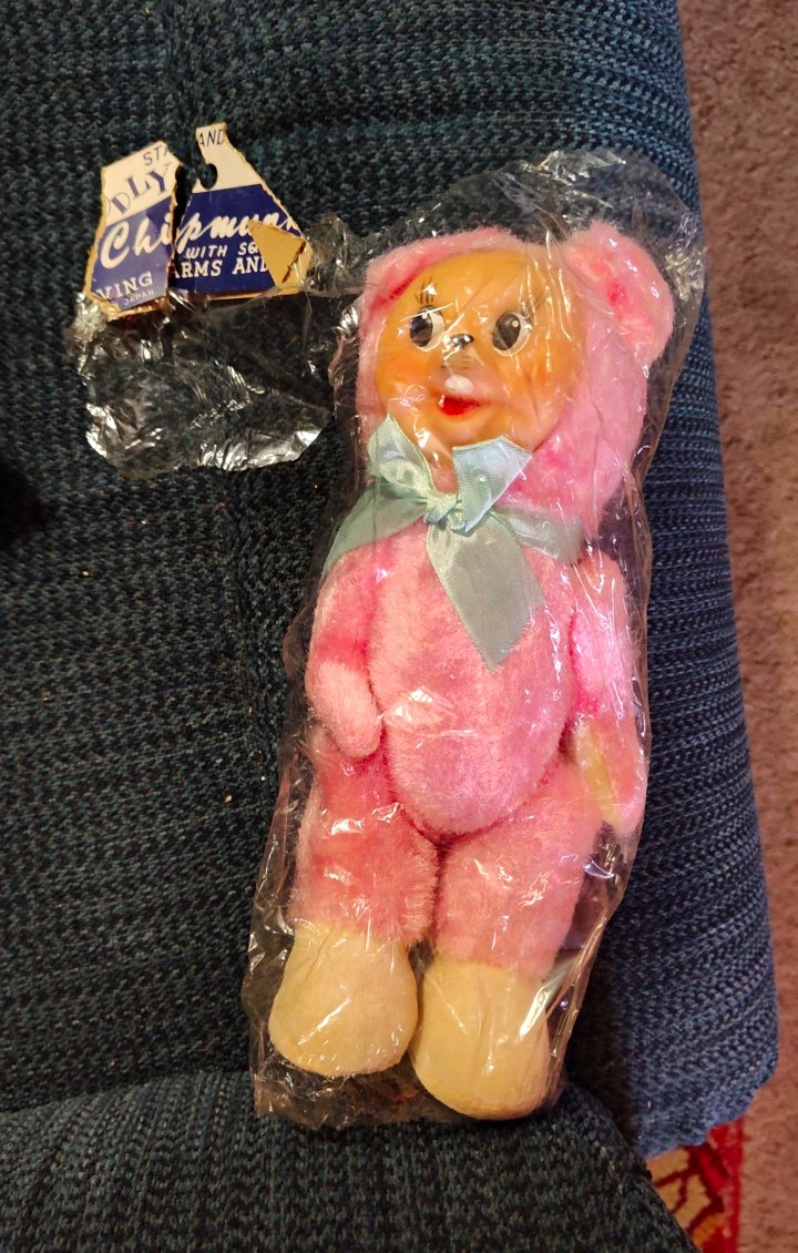 vintage Rushton pink rubber face plush chipmunk doll w moving arms and legs vintage Rushton pink rubber face plush chipmunk doll w moving arms and legs