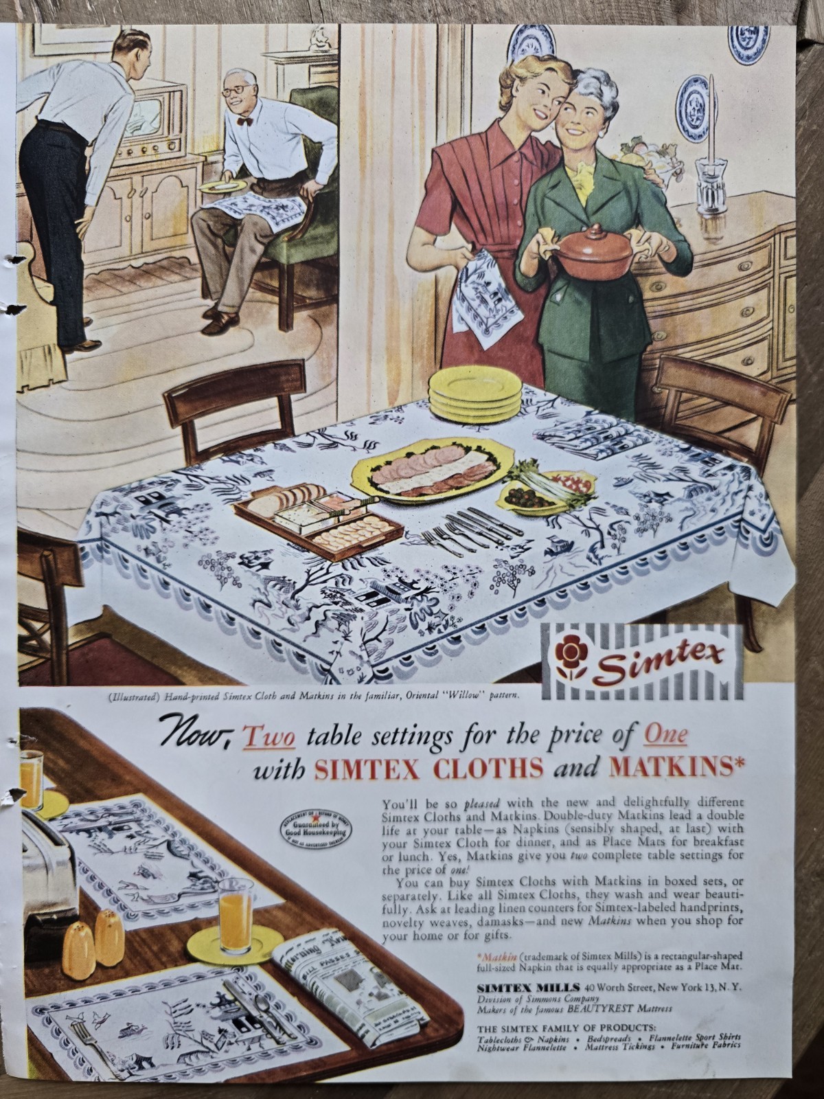 1949 Simtex Mills Tablecloth Cloths And Matkins vintage Ad 