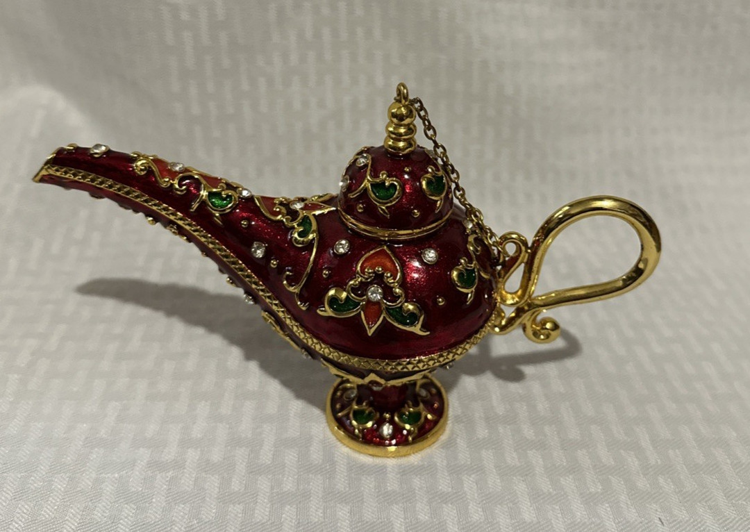 QIFU Enameled Aladdin Magic Genie Lamp Trinket Box Rhinestone Jeweled Red Gold