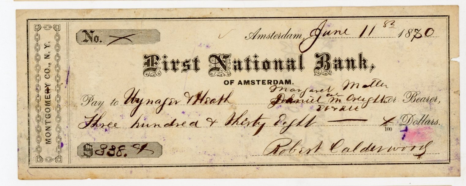 1880 First National Bank Amsterdam NY Bank Check Wynager & John G Heath Signed 1880 First National Bank Amsterdam NY Bank Check Wynager & John G Heath Signed