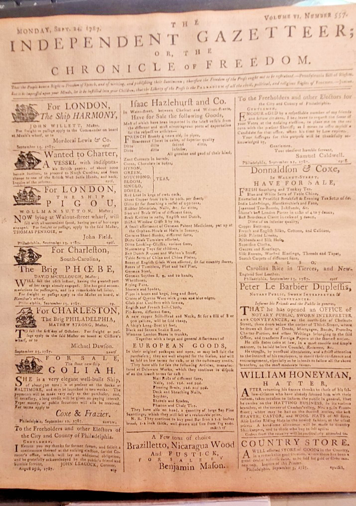RARE The Independence Gazzette/The Chronicle of Freedom, Sept 24th, 1787