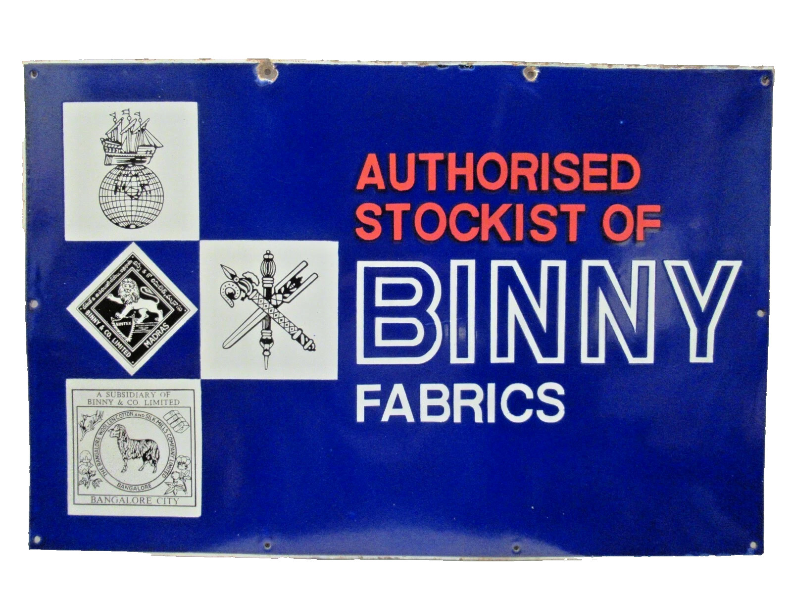 Vintage Porcelain Enamel Binny Fabrics Authorized Stockist Sign Madras 30x20in Vintage Porcelain Enamel Binny Fabrics Authorized Stockist Sign Madras 30x20in