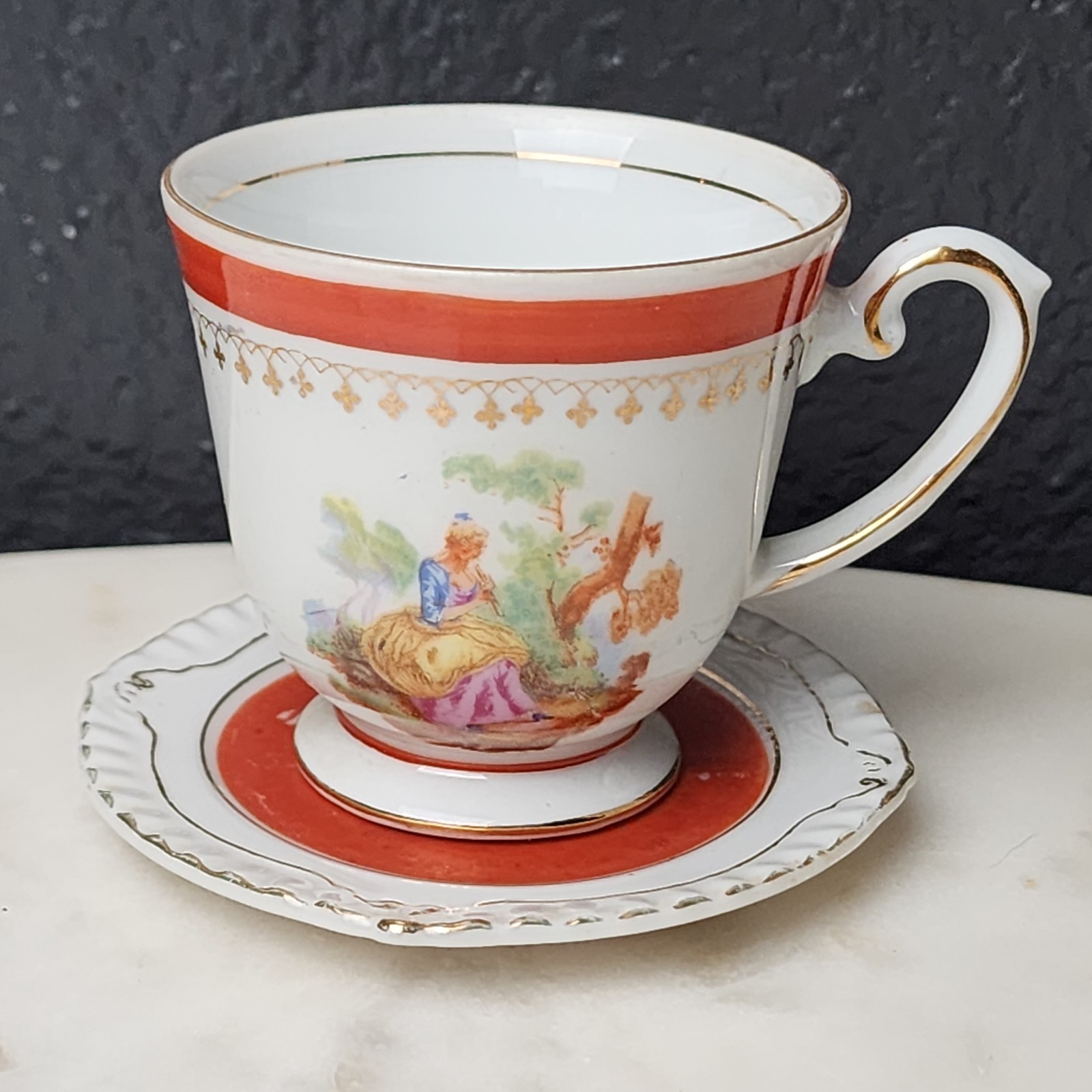 Vintage Paulux Occupied Japan Teacup Married Saucer Scenic Red Gold 1947-52
