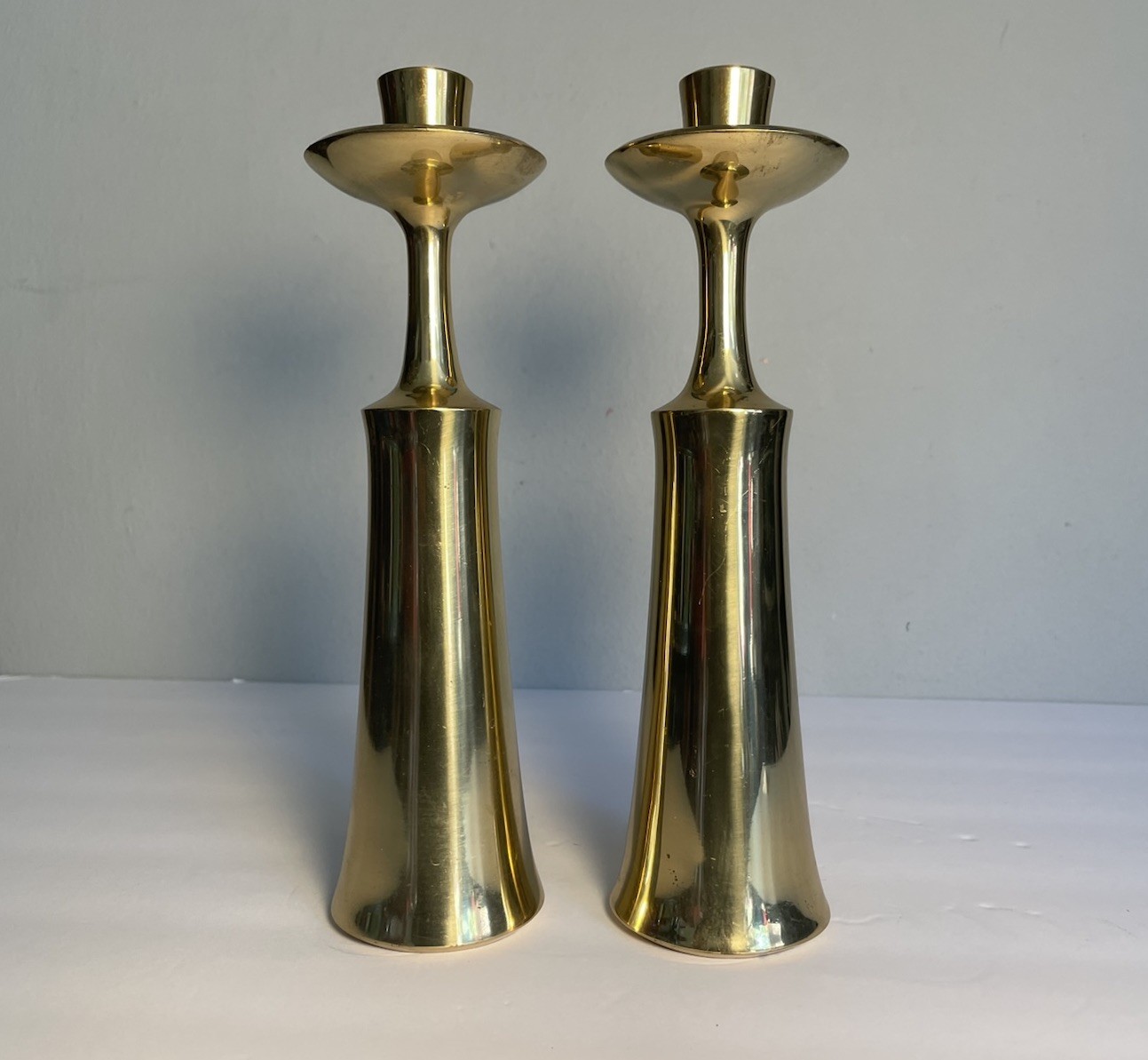 2 MCM Dansk Jens Quistgaard JHQ Denmark Brass Candle Stick Holders Stamped 9.25” 2 MCM Dansk Jens Quistgaard JHQ Denmark Brass Candle Stick Holders Stamped 9.25”