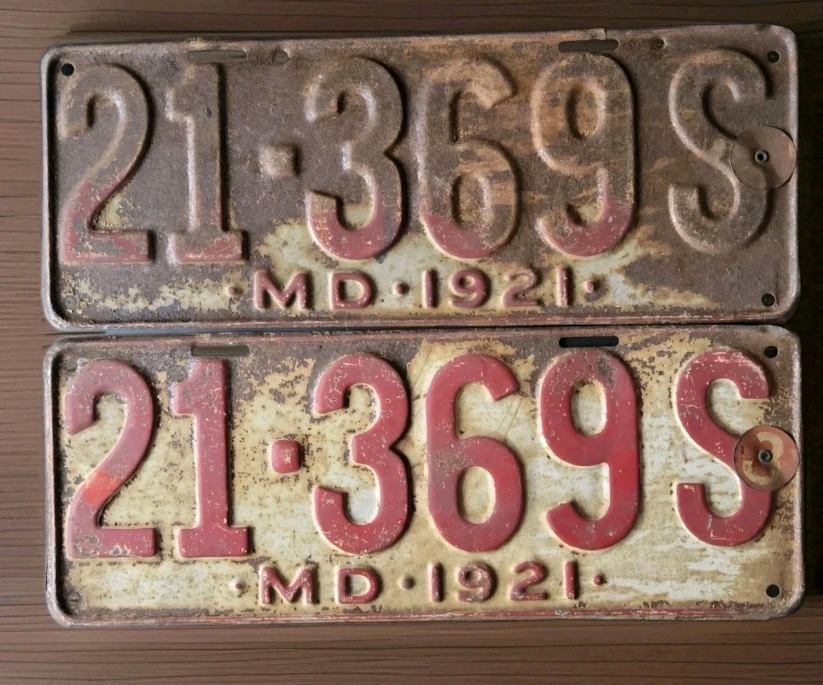 Antique ORIGINAL 1921 Maryland #21 369S License Plate PAIR Antique ORIGINAL 1921 Maryland #21 369S License Plate PAIR