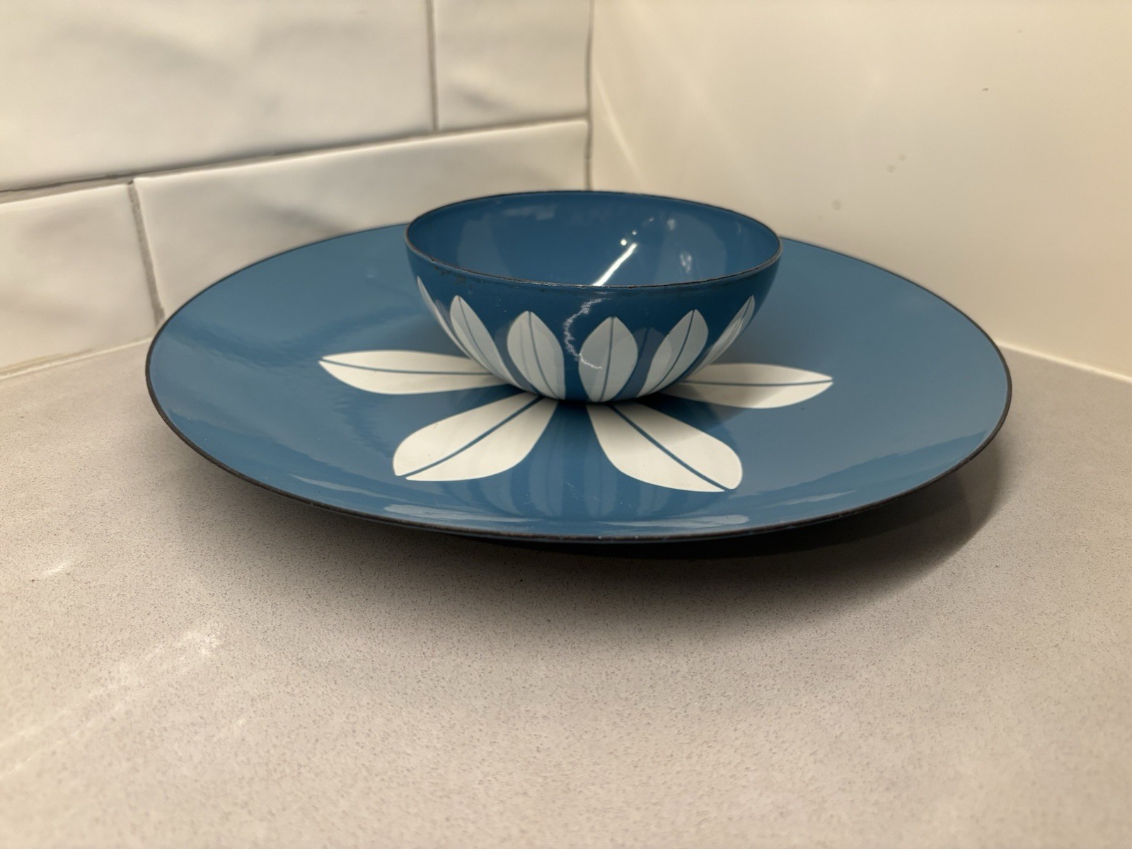 Vintage Cathrineholm Lotus Blue White 12” Platter & 5.5” Bowl Norway MCM