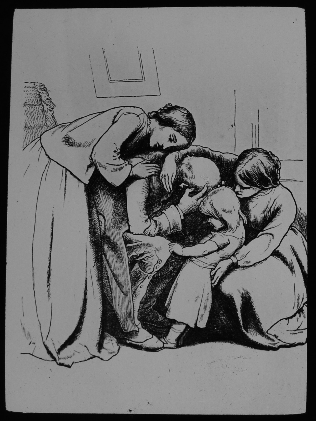 WOMEN AND CHILD CONSOLING A MAN C1910 ANTIQUE Magic Lantern Slide GRIEF
