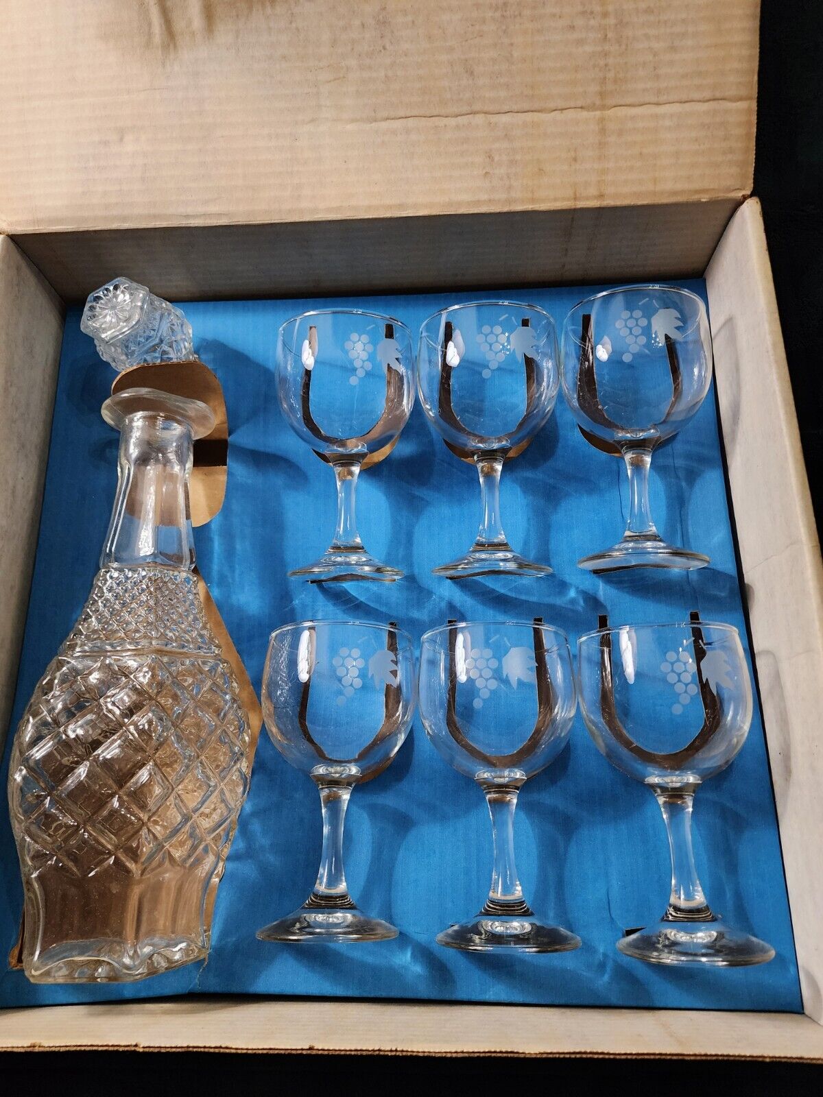 Vintage Cronzini Crystal Decanter Set 6 Wine Glasses Original Box