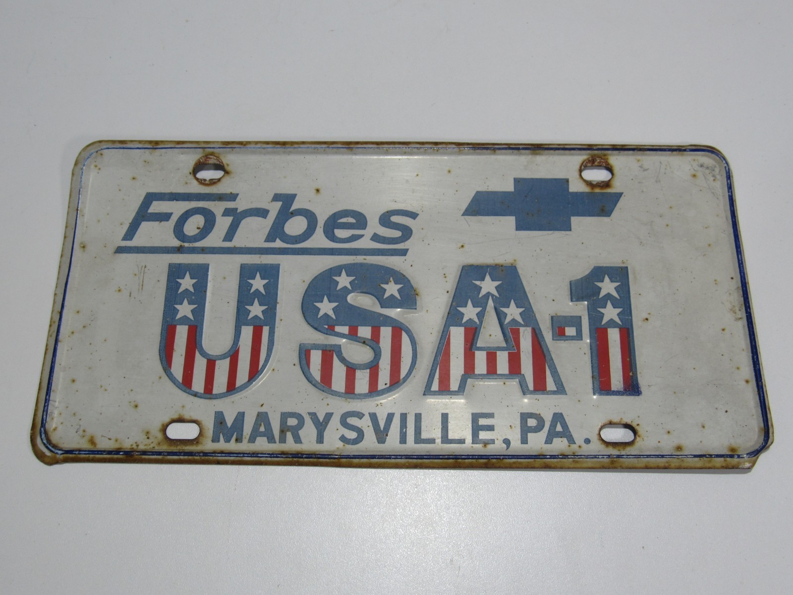 VTG Forbes Chevrolet USA-1 Marysville PA Metal Dealership Booster Plate Tag #1 VTG Forbes Chevrolet USA-1 Marysville PA Metal Dealership Booster Plate Tag #1