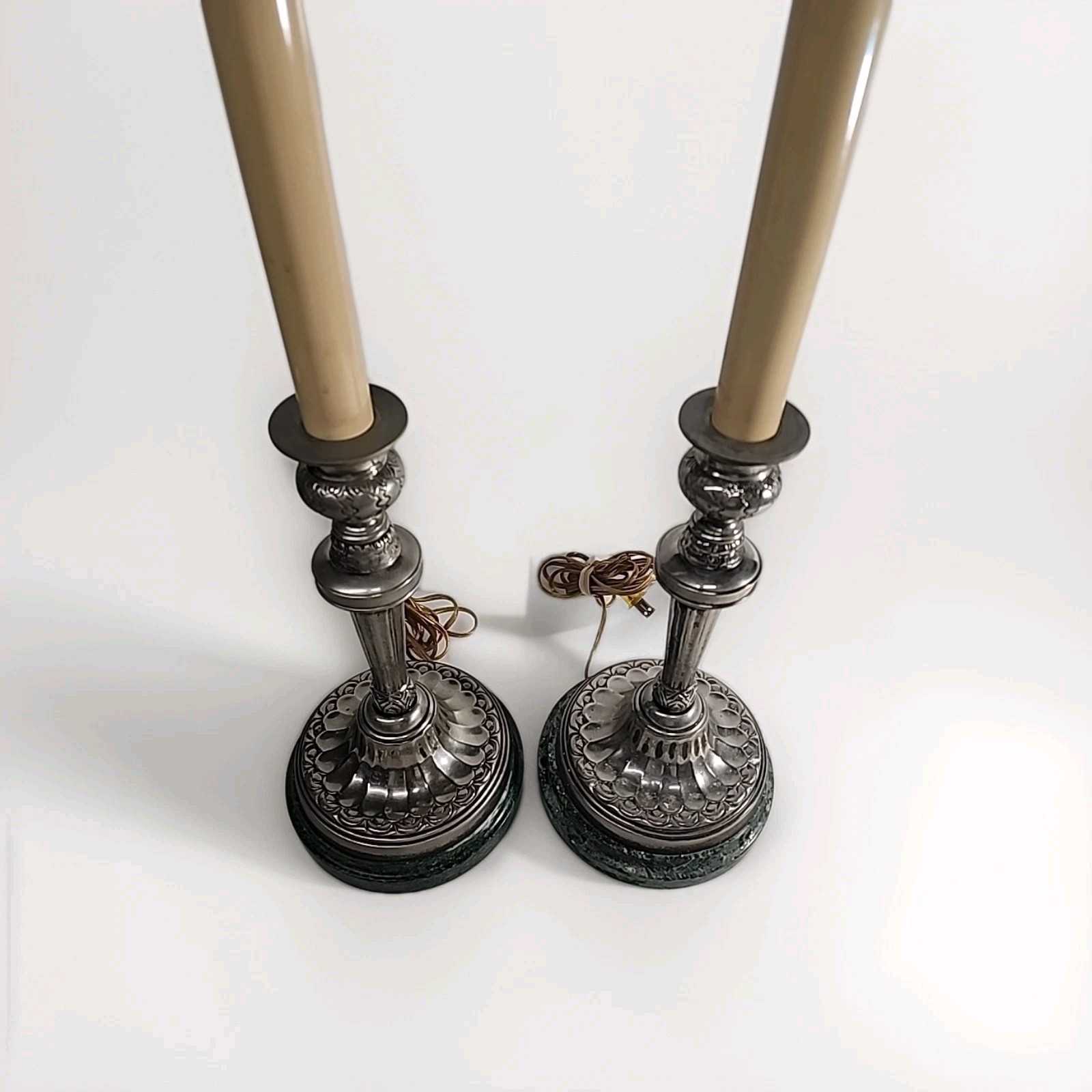 Pair Vintage Sarreid DiErras Metal Candlestick Heavy Gothic Style Marble Base Pair Vintage Sarreid DiErras Metal Candlestick Heavy Gothic Style Marble Base