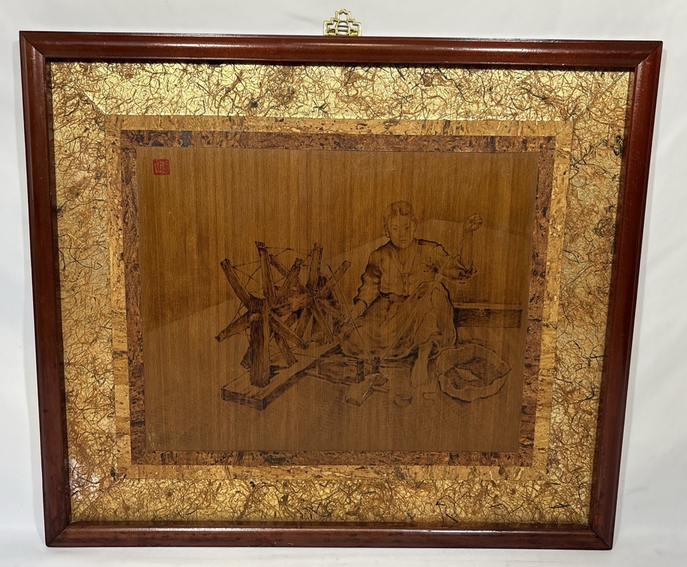 Vintage Korean Pyrography Nakhwa Painting Wood Burning Woman w/ Spinning Wheel Vintage Korean Pyrography Nakhwa Painting Wood Burning Woman w/ Spinning Wheel