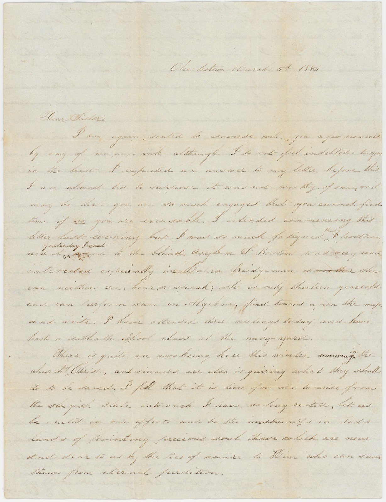 1843 Charlestown Female Seminary Letter Laura Bridgman Perkins Blind Asylum