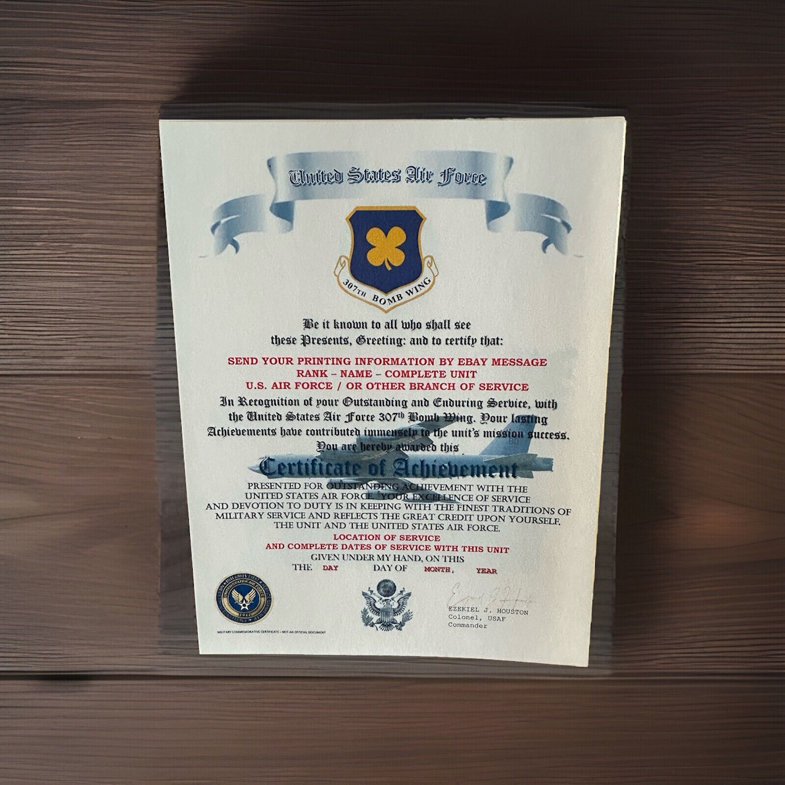 U.S.A.F. / AIR FORCE 307TH BOMB WING - CERTIFICATE OF ACHIEVEMENT