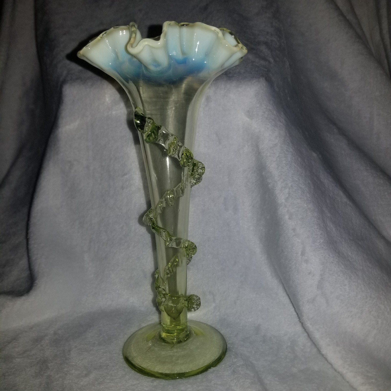 Victorian Trumpet Vase Flared Ruffle Lily Opalescent Vaseline Glass Chip Vine Mo Victorian Trumpet Vase Flared Ruffle Lily Opalescent Vaseline Glass Chip Vine Mo