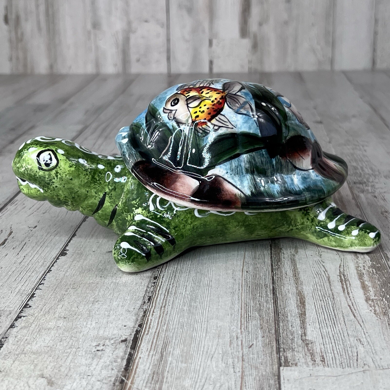 Turtle Tortoise Covered Dish Ceramic Lid Hand Painted Bowl Trinket Box