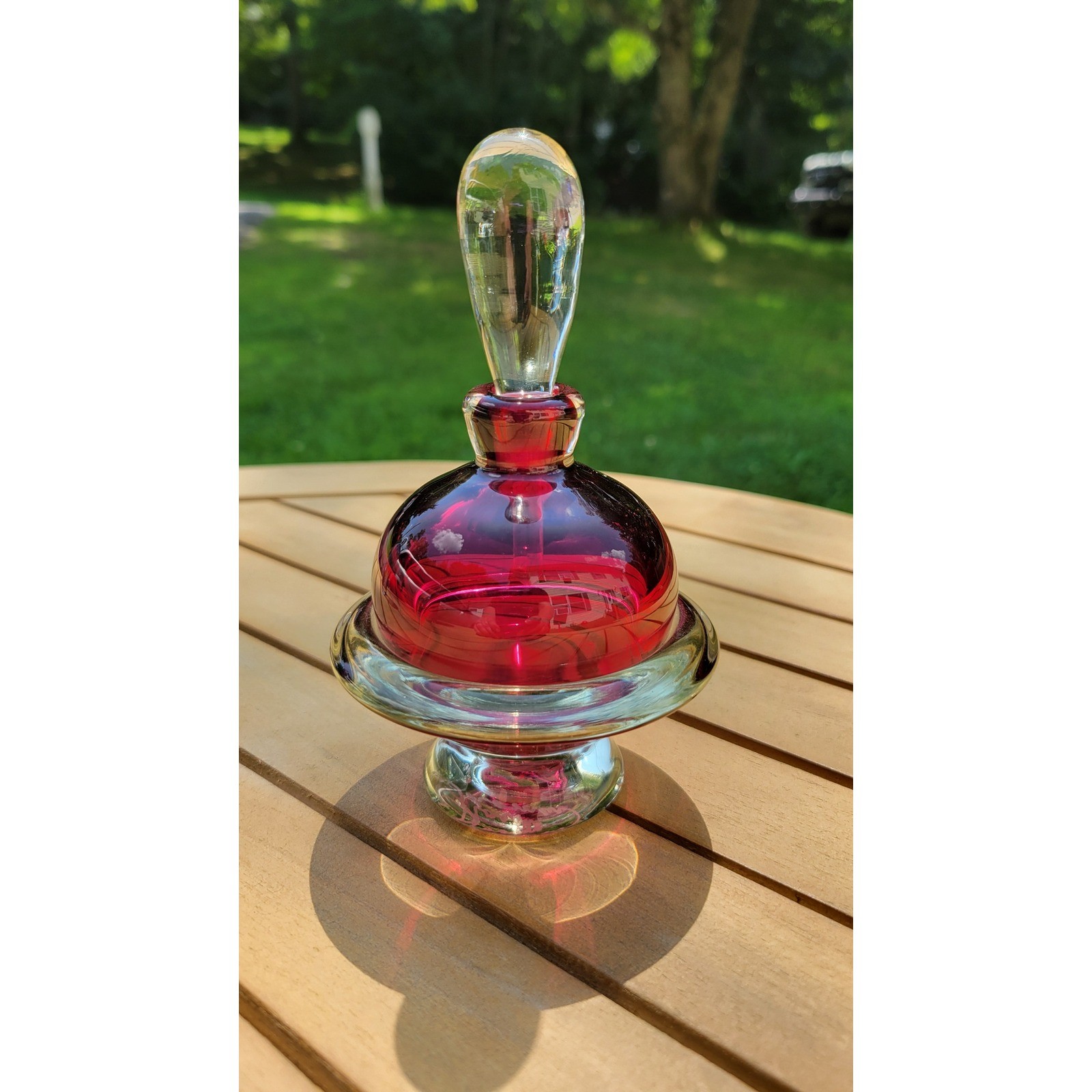 Vintage Norman Thomas Signed Studio Art Glass Perfume Bottle Red Cranberry 6in Vintage Norman Thomas Signed Studio Art Glass Perfume Bottle Red Cranberry 6in