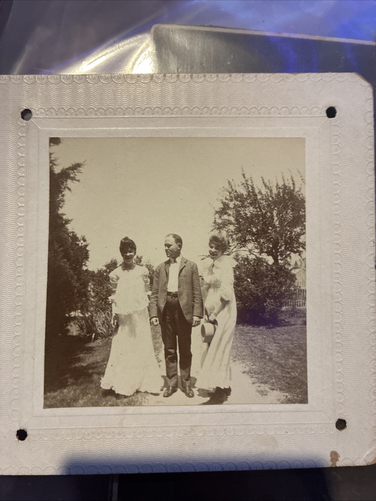 Antique Edwardian Outdoor Photo Man & Two Women Summer Dresses Garden Snapshot Antique Edwardian Outdoor Photo Man & Two Women Summer Dresses Garden Snapshot