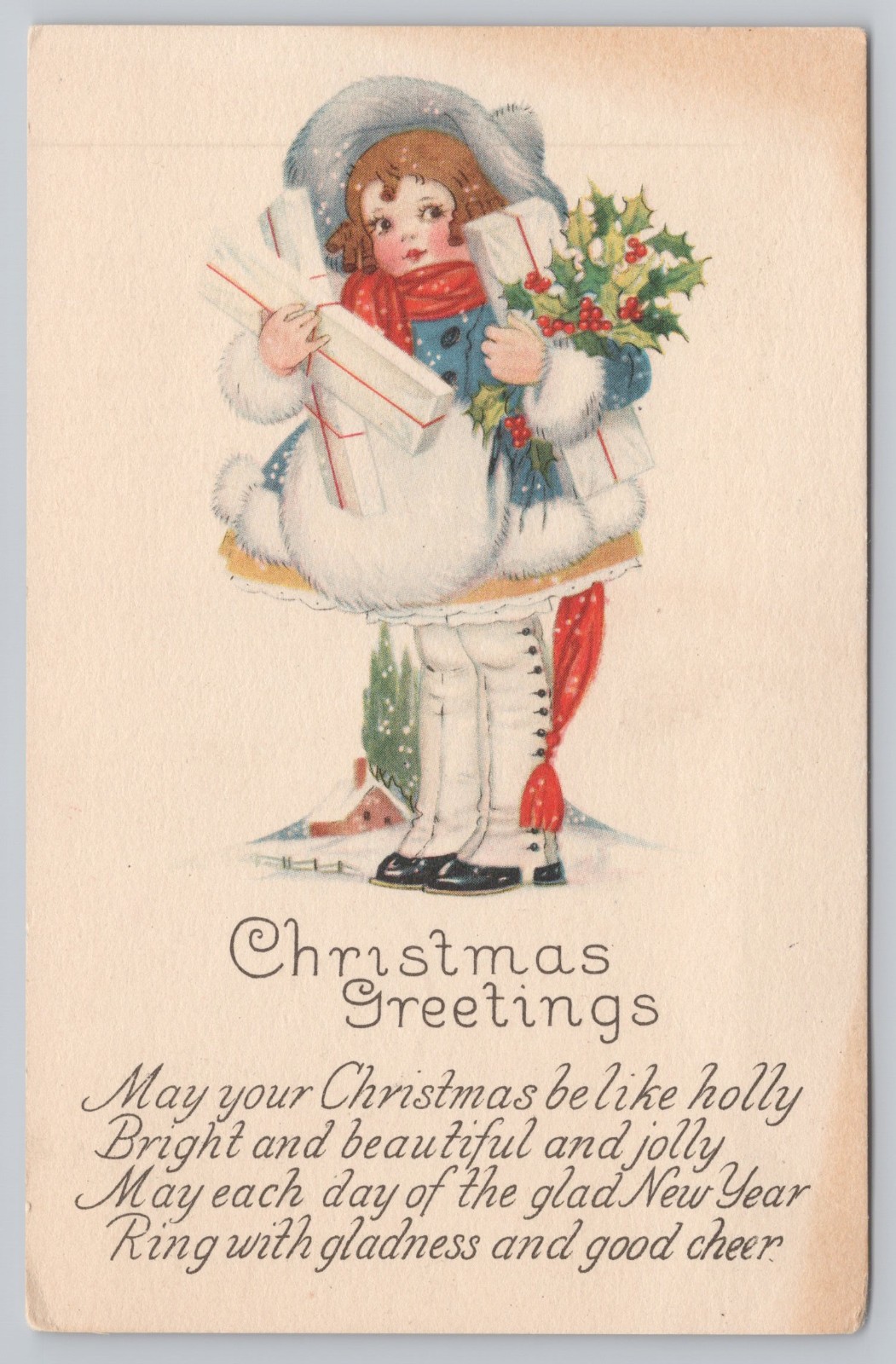 Antique Christmas Postcard Child Arms Full of Gifts 1924 Poem Posted Minnesota