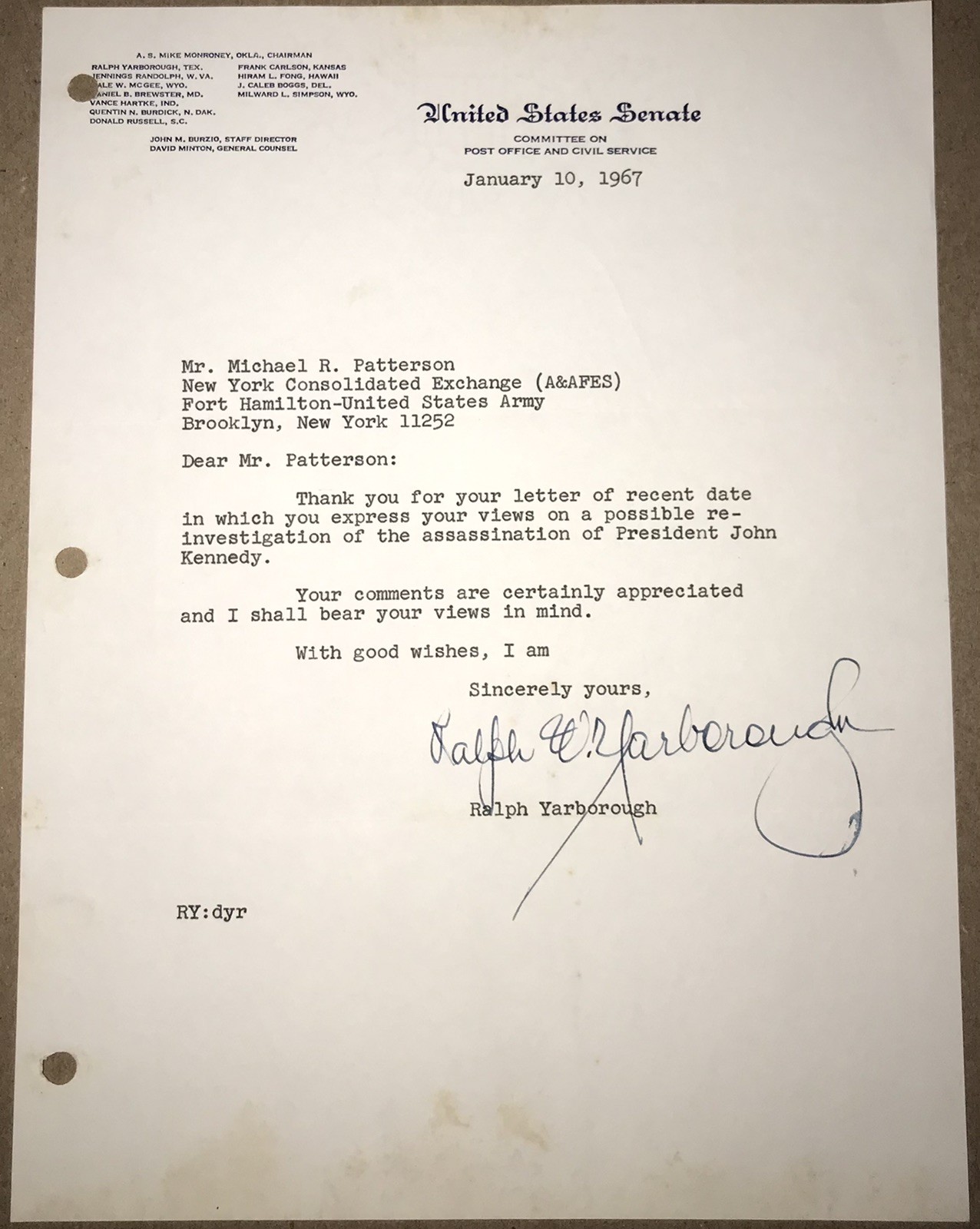 RARE Ralph Yarborough Signed Letter GREAT JFK ASSASSINATION CONTENT Dallas TLS