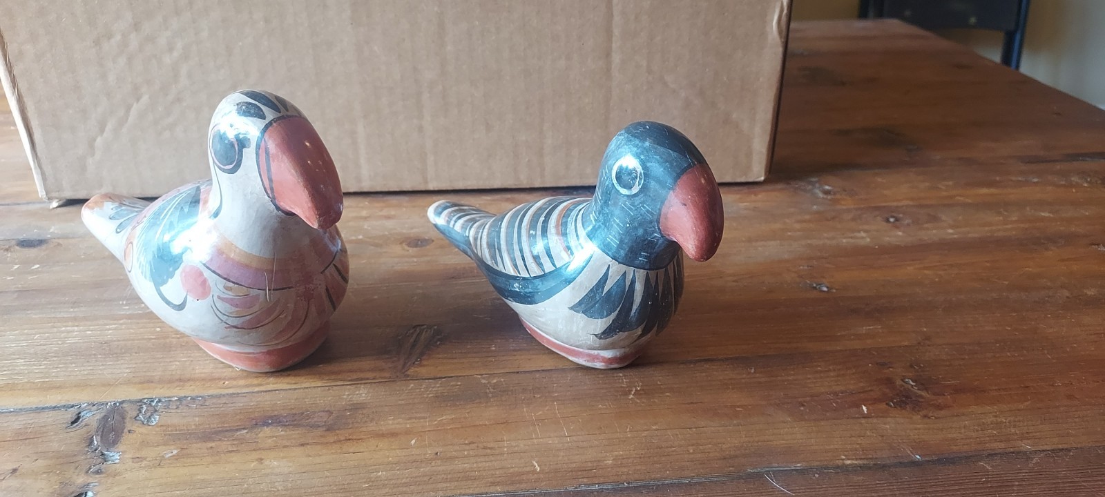 2 VINTAGE HAND PAINTED TONALA POTTERY MEXICAN FOLK ART BIRDS 8\ 2 VINTAGE HAND PAINTED TONALA POTTERY MEXICAN FOLK ART BIRDS 8\