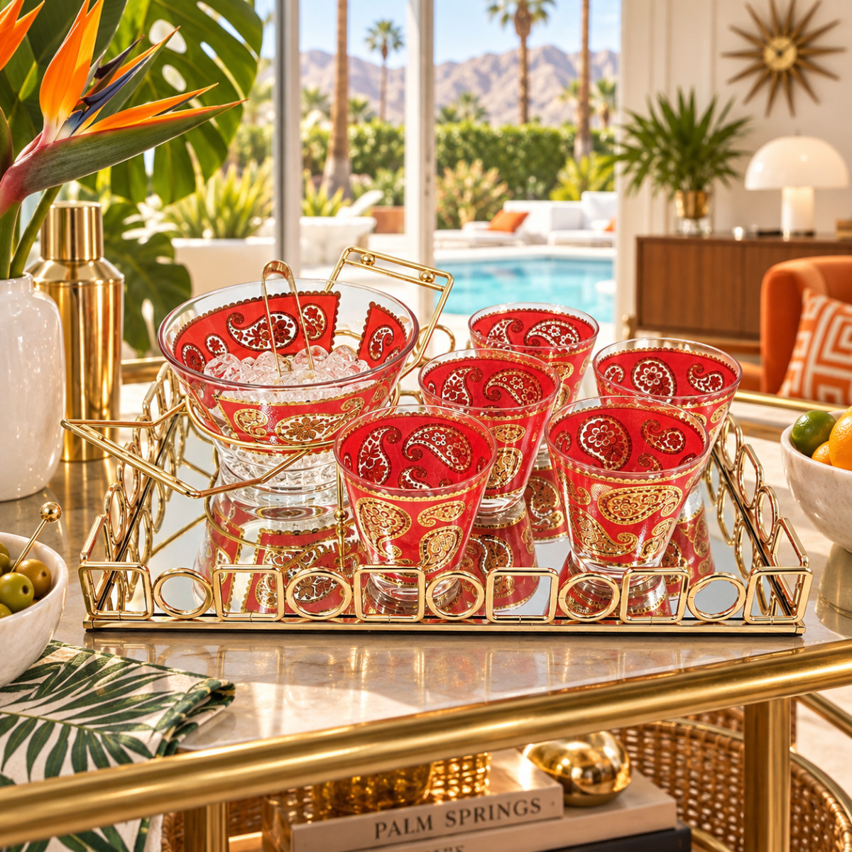 Superb Culver Red Paisley 22K Gold Glasses Ice Bucket Caddy Mirrored Tray Set Superb Culver Red Paisley 22K Gold Glasses Ice Bucket Caddy Mirrored Tray Set