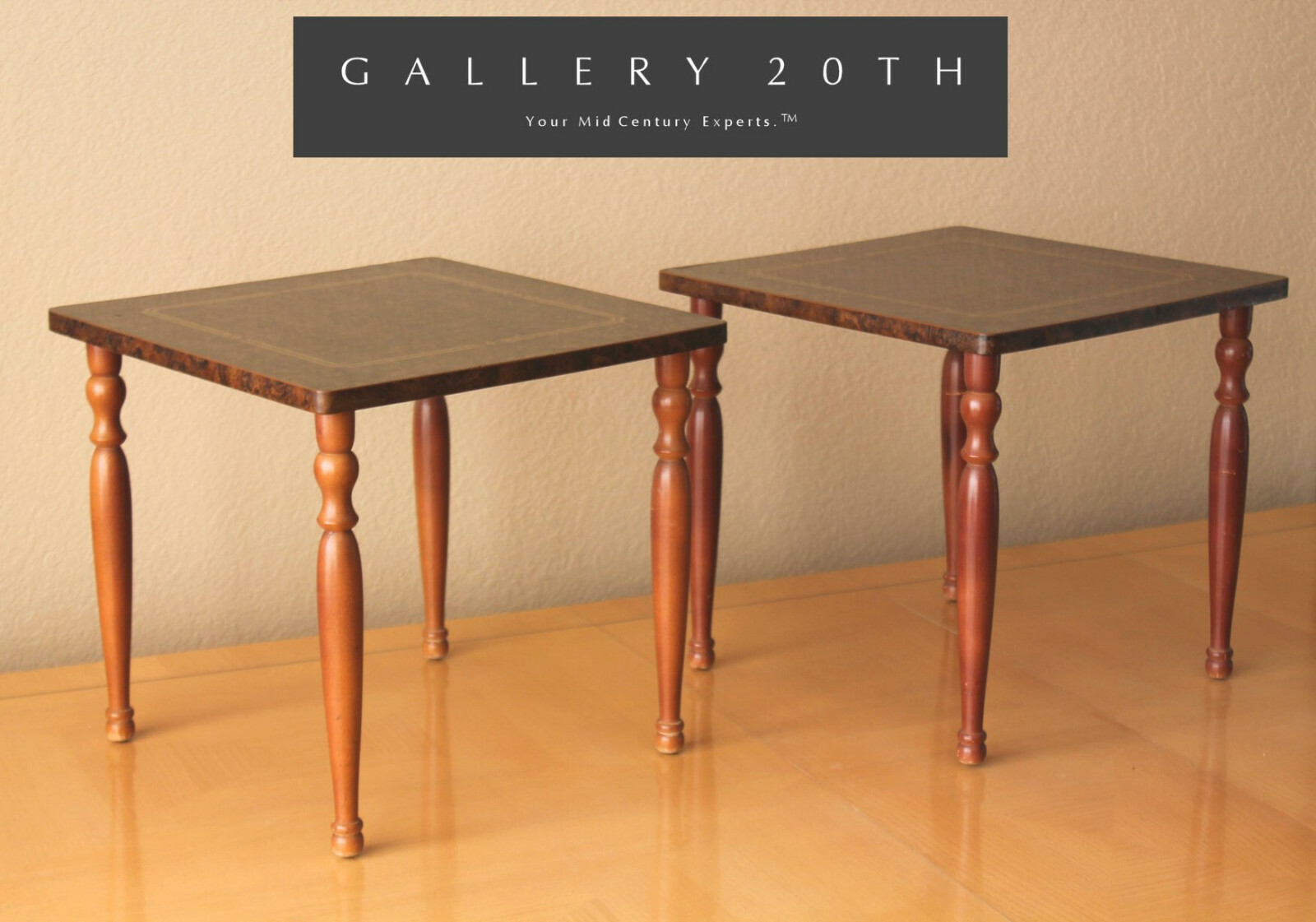 BEAUTIFUL PAIR MID CENTURY STACKING CLUB TABLES ATOMIC WOOD INLAYS 50S VTG 60S