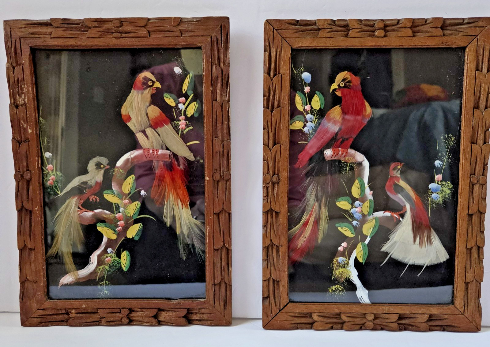 Vintage Mexican Feather Bird Art Framed Pair 10 Vintage Mexican Feather Bird Art Framed Pair 10