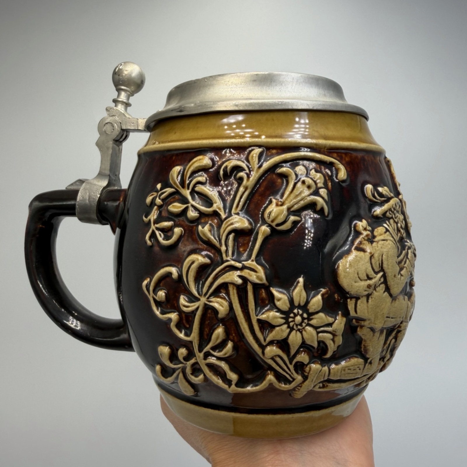 Vintage Gerz German Beer Stein Pewter Lid Alpine Hunting Scene Stoneware Mug