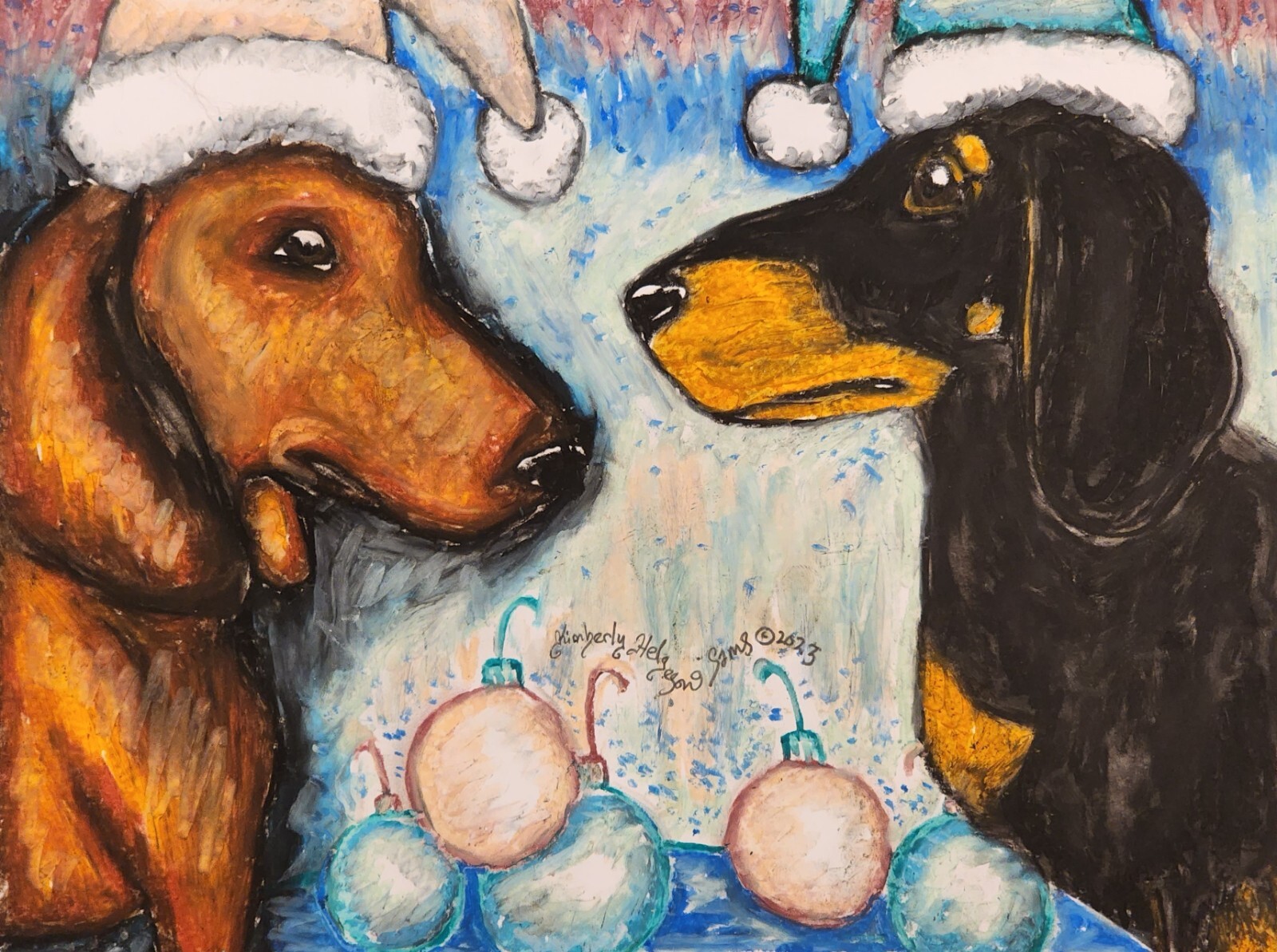 DACHSHUND Christmas Art Print 11x14 by Artist KSams Dogs Smooth Doxie Whimsical DACHSHUND Christmas Art Print 11x14 by Artist KSams Dogs Smooth Doxie Whimsical