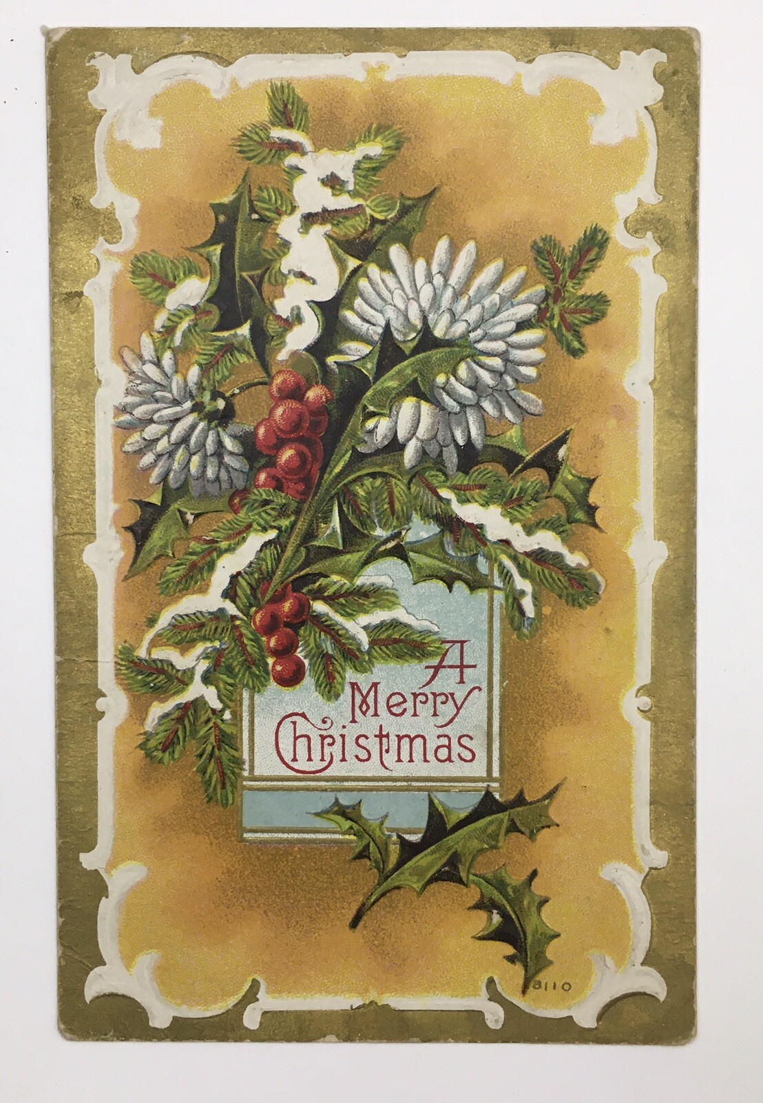 A Merry Christmas Antique Embossed PC Winter Floral & Leaf Spread
