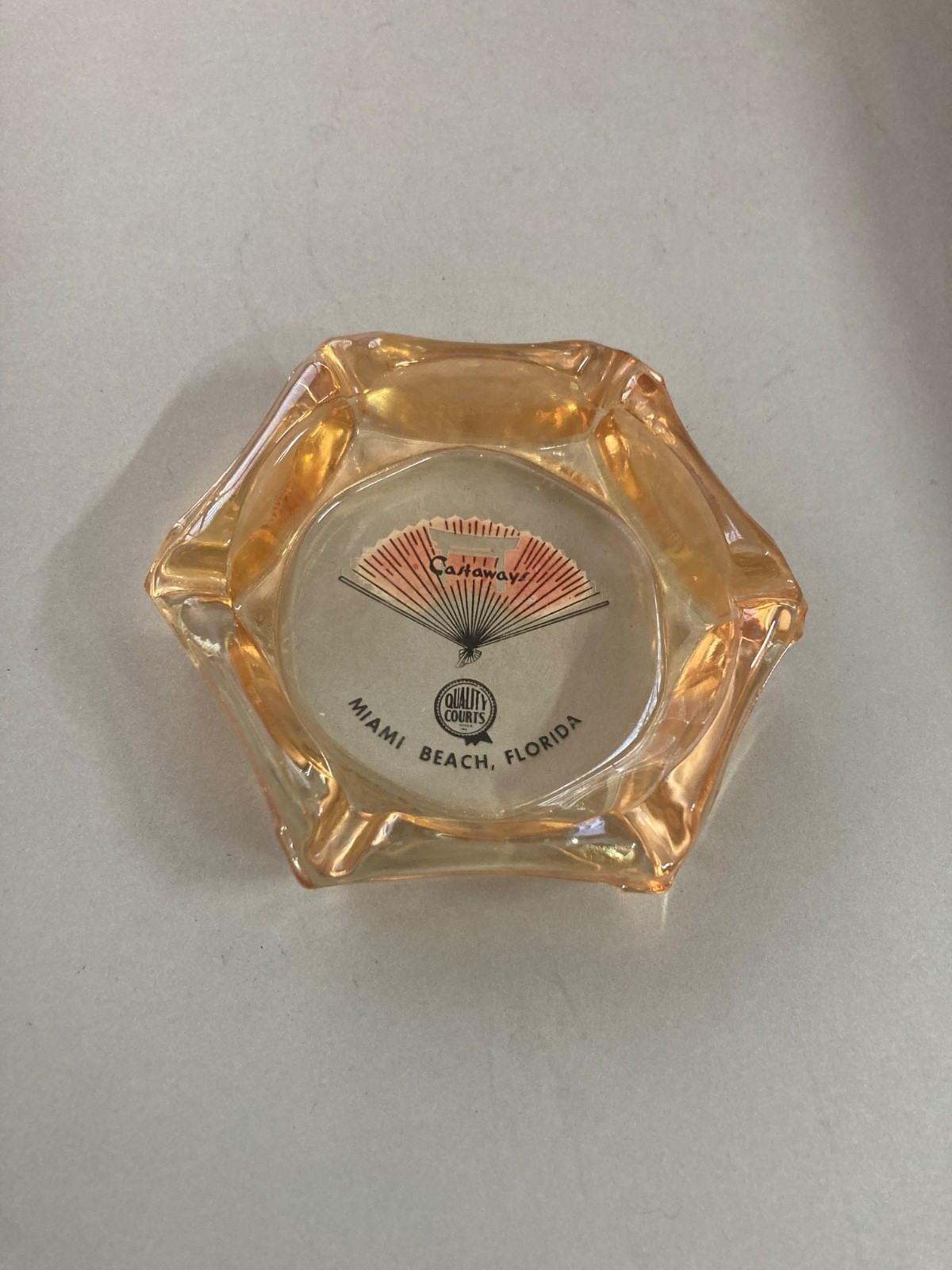 1960s Era Miami Beach Florida Castaways Hotel amber glass ashtray Razed 1984 1960s Era Miami Beach Florida Castaways Hotel amber glass ashtray Razed 1984