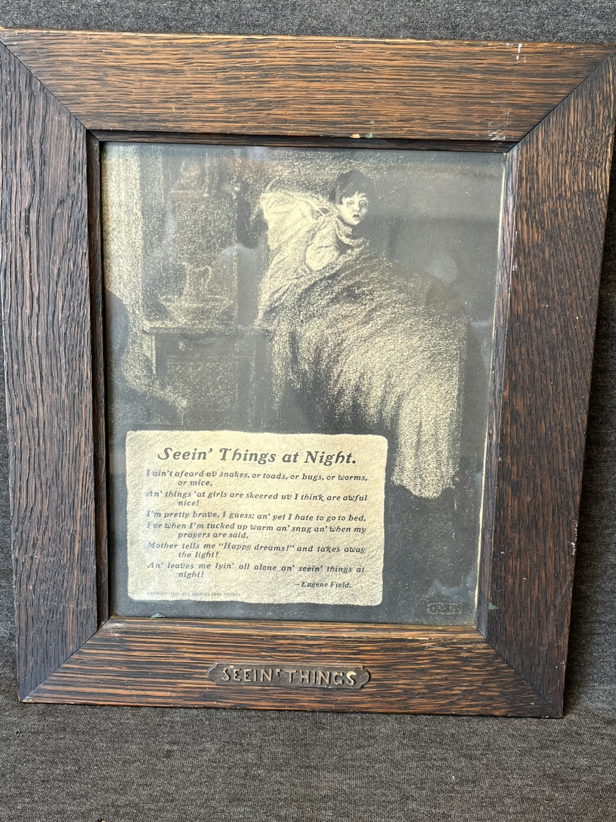 Antique 1906 Print Seein Things At Night Quarter Sawed 1/4 Sawn Oak Frame 8x10