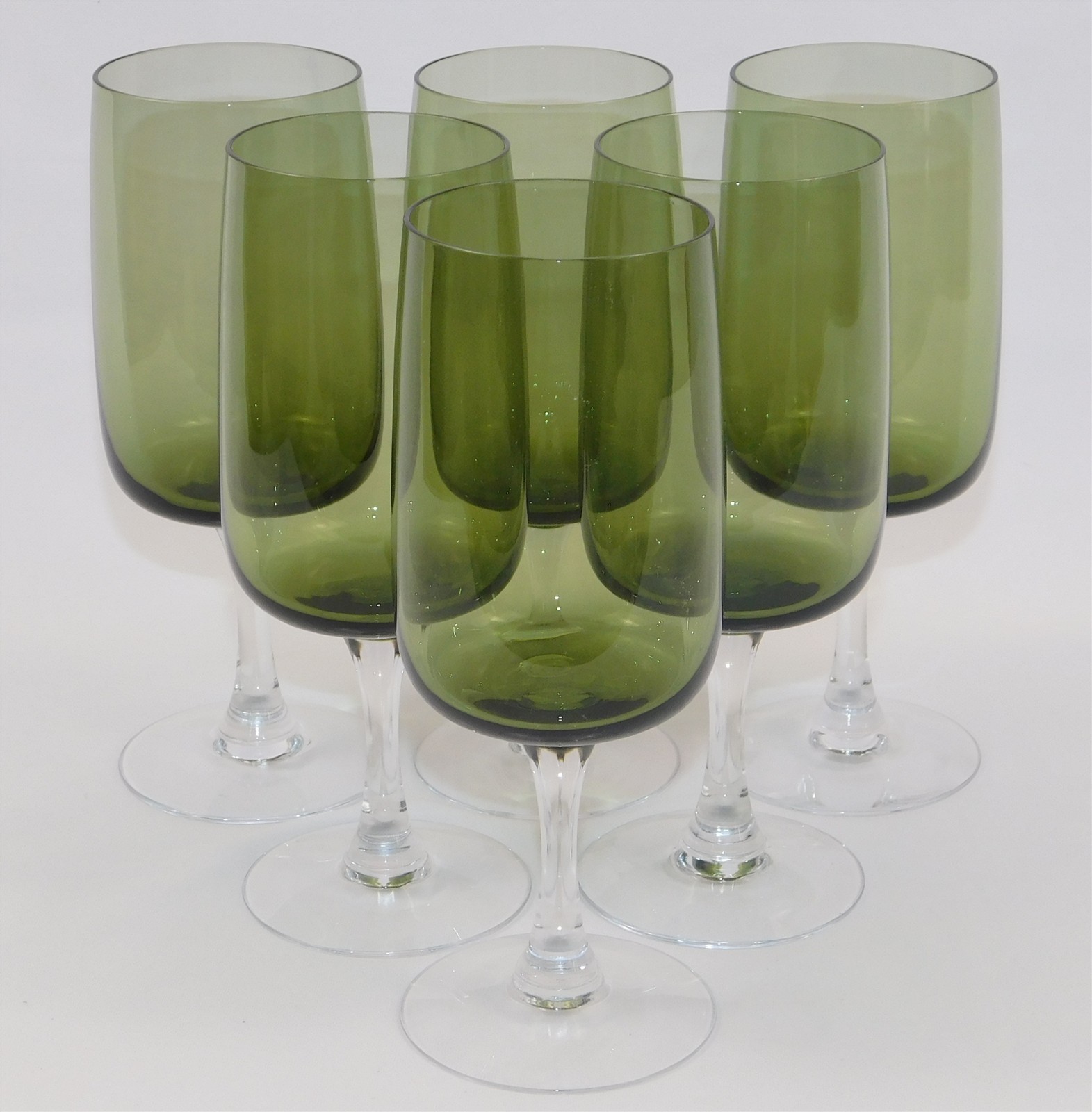 Fostoria Glamour Green MCM Water Goblets Clear Stem 7\ Fostoria Glamour Green MCM Water Goblets Clear Stem 7\