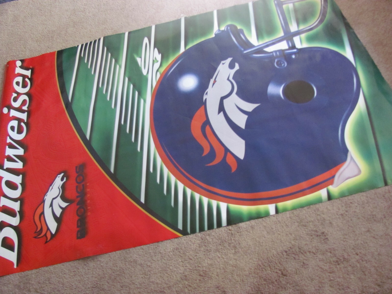 1999 Budweiser Denver Broncos NFL Football 4' X 6' Nylon Grommeted Banner 1999 Budweiser Denver Broncos NFL Football 4' X 6' Nylon Grommeted Banner
