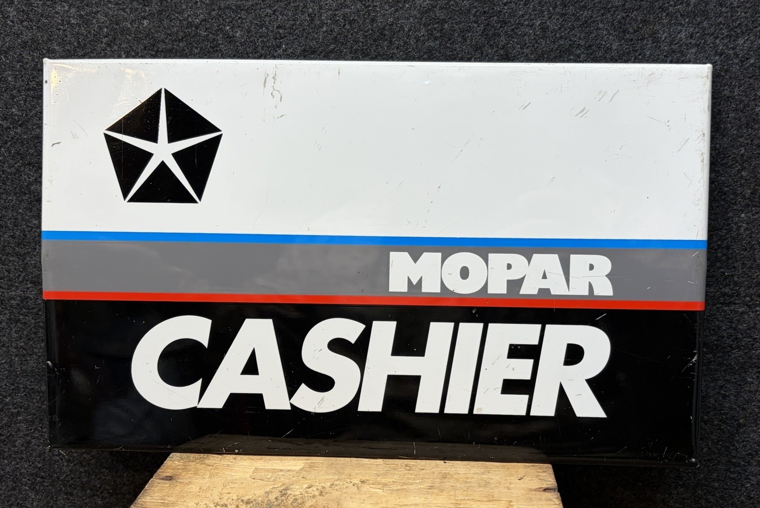 Vtg 1970s 80s MoPar Cashier Chrysler Dealership Tin On Cardboard Sign TOC 12.5”